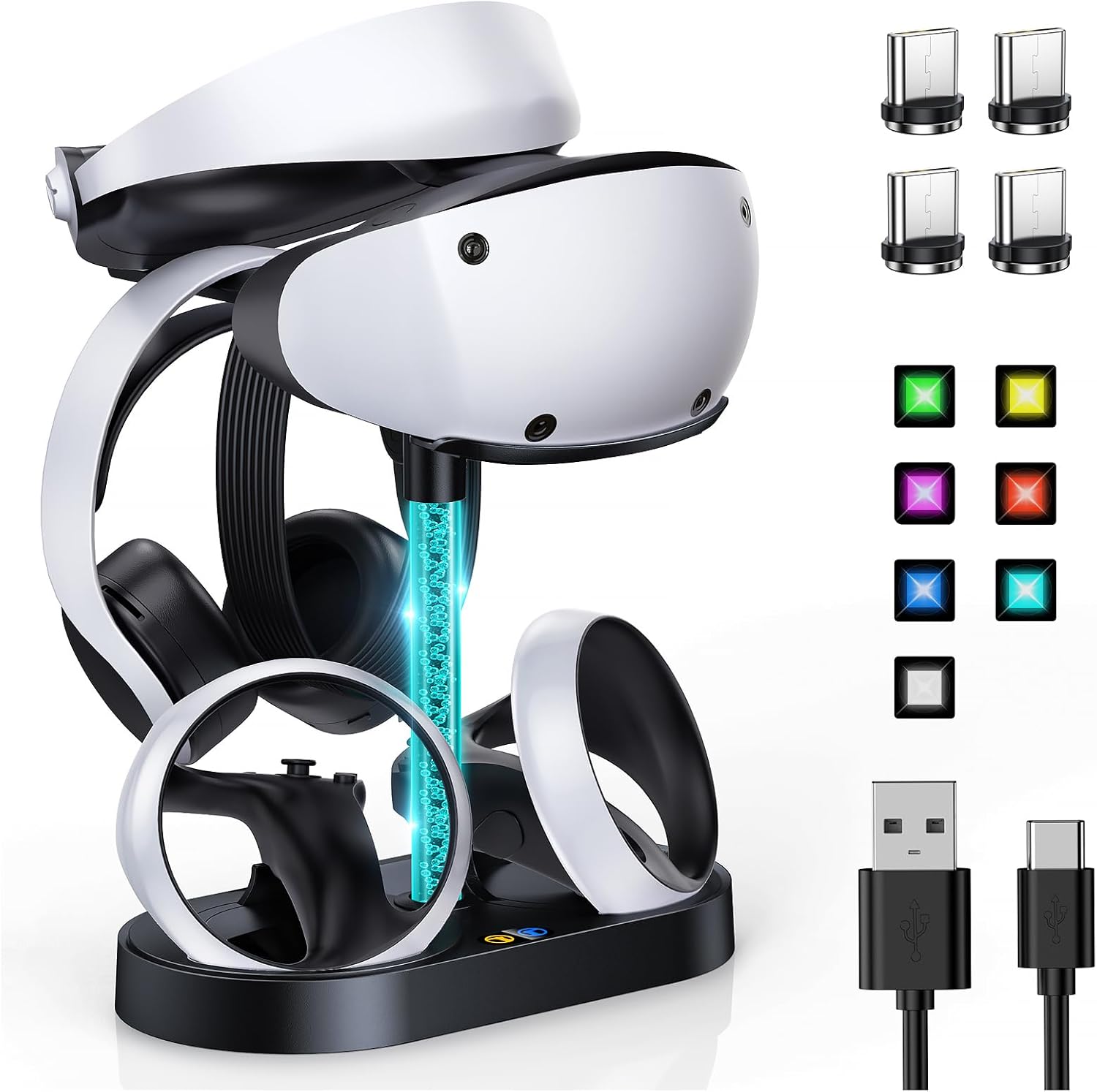 FASTSNAIL Charging Stand for PlayStation VR2, Multifunction Vertical PS VR2 Headset & Sense Controllers Charge Dock Station with 10 RGB Light Modes of Memory for PS5 VR2 Accessories