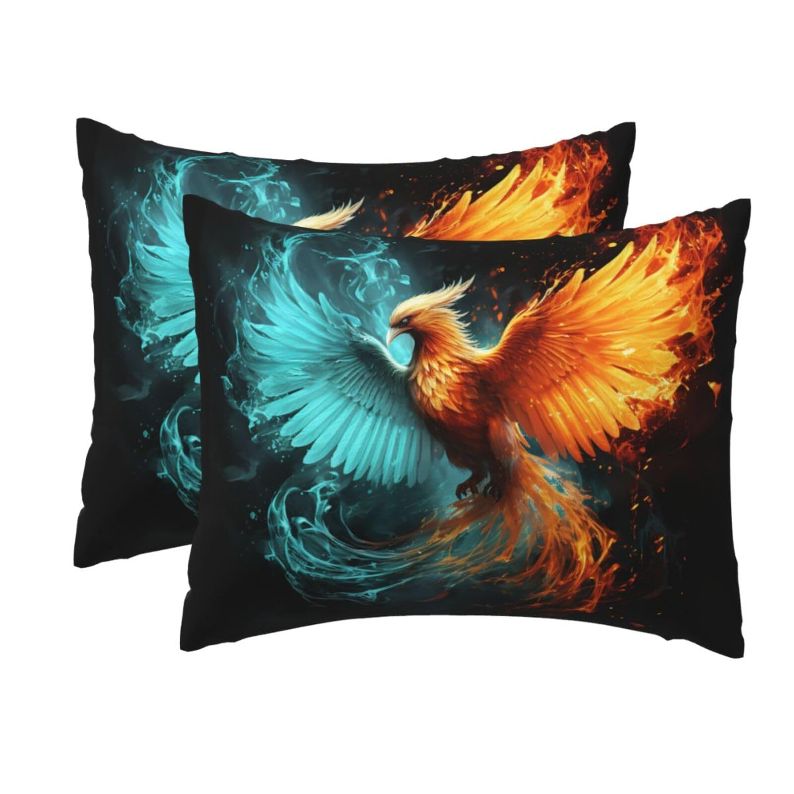 2 Pack Standard Size Pillow Cases for Hair and Skin Soft Breathable Pillow Case Covers with Hidden Zipper Fire and Water Phoenix Pillowcase 20x26 Inches Pillow Cover for Sleeping Gift