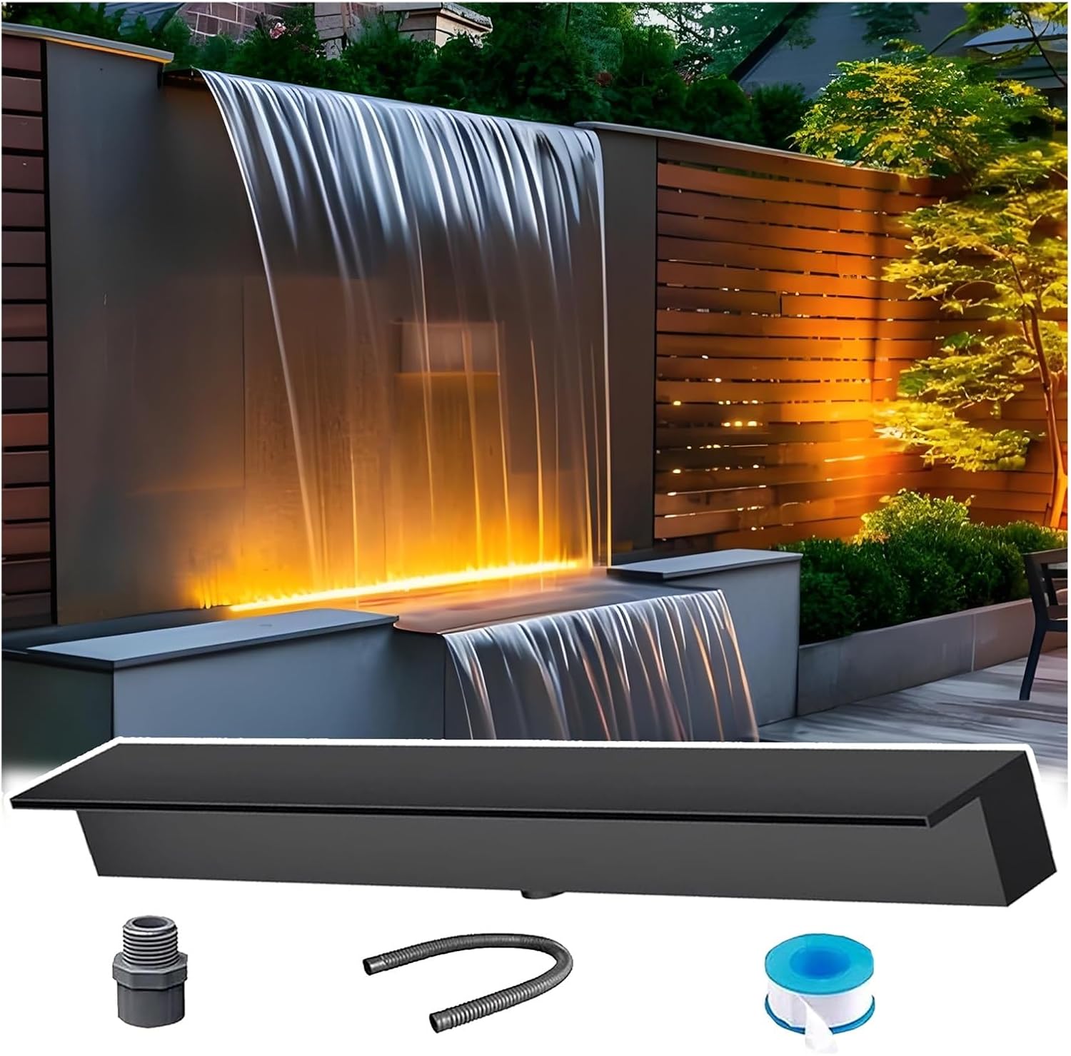 Wall Recessed Waterfall Pool Fountain 12 16 20 30 40 50 60 70 75 80in，304 Stainless Steel Pond and Waterfall Spillway, Embedded Pool Waterfalls Kit(Silver,59"/149.9cm Outlet)