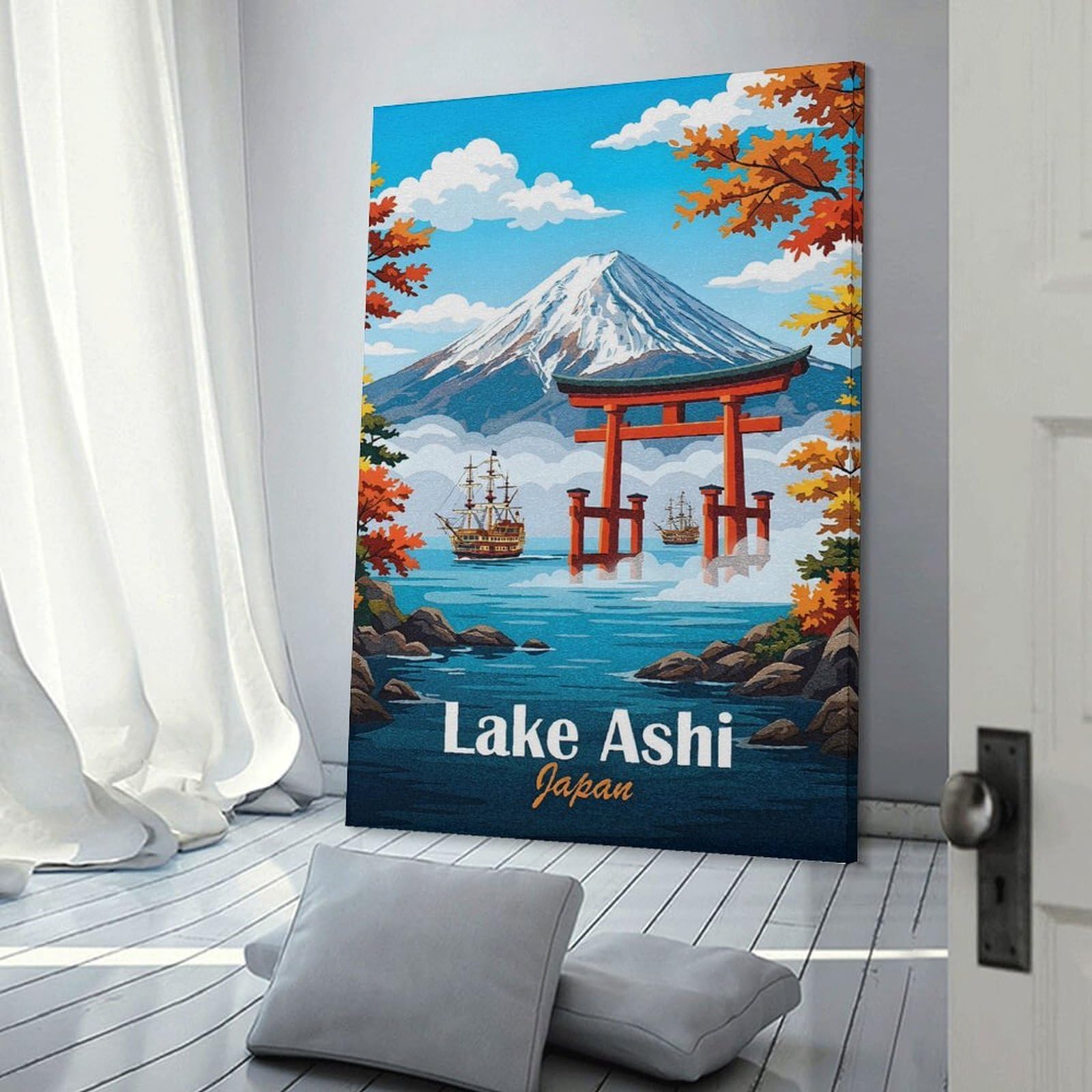 Junmoney Frame-Style-2-1 Lake Ashi Japan Travel Canvas Art Print, 20X30inch(50X75cm), For Living Room, Bedroom, Office Or Hallway, Decorative Artwork With Broad Appeal