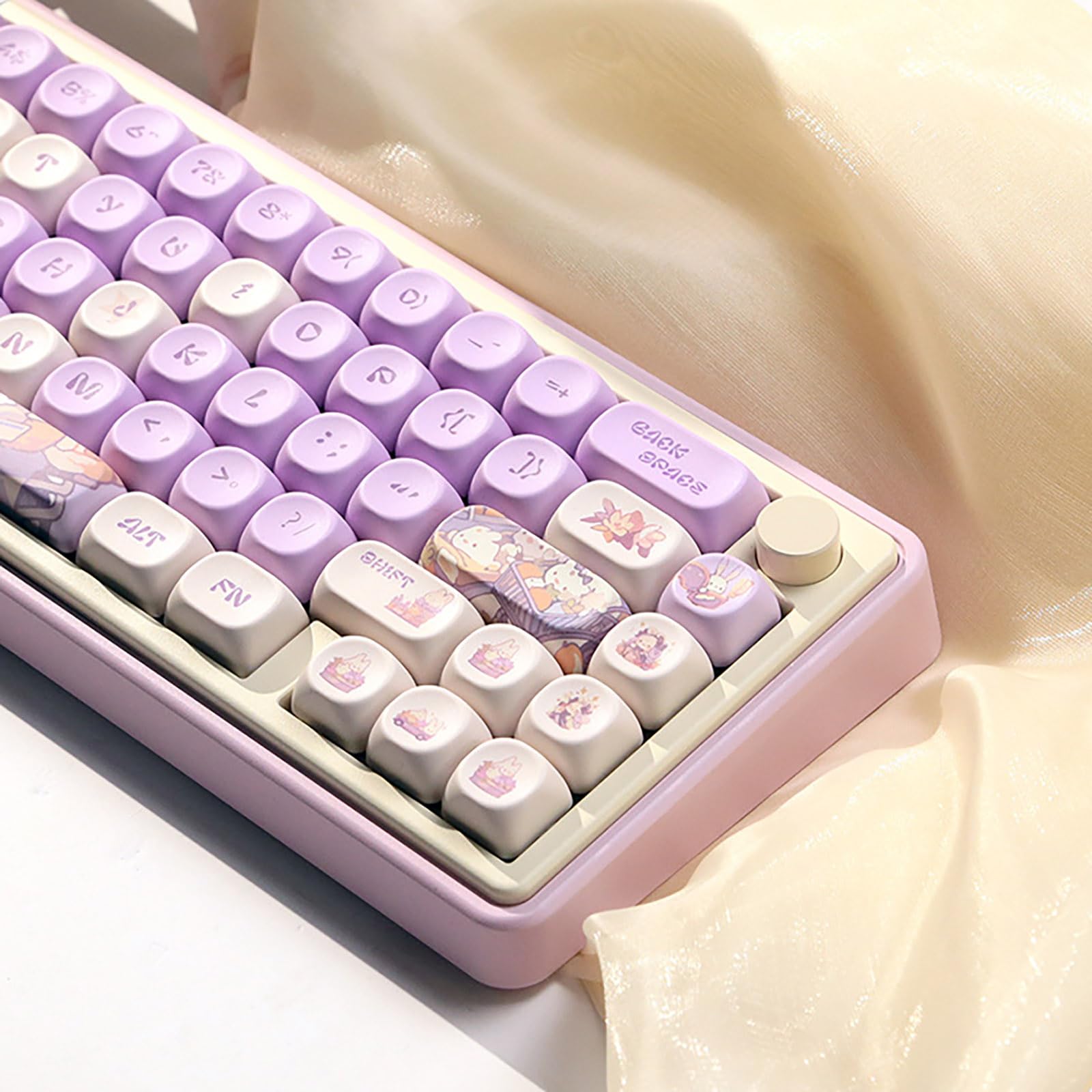 Ensemble de Touches Rondes Violettes en PBT 131 Touches avec Profil MOA de Lapin Mignon pour Filles et Enfants, Clavier personnalisé pour Clavier de Jeu mécanique à Disposition ANSI,A