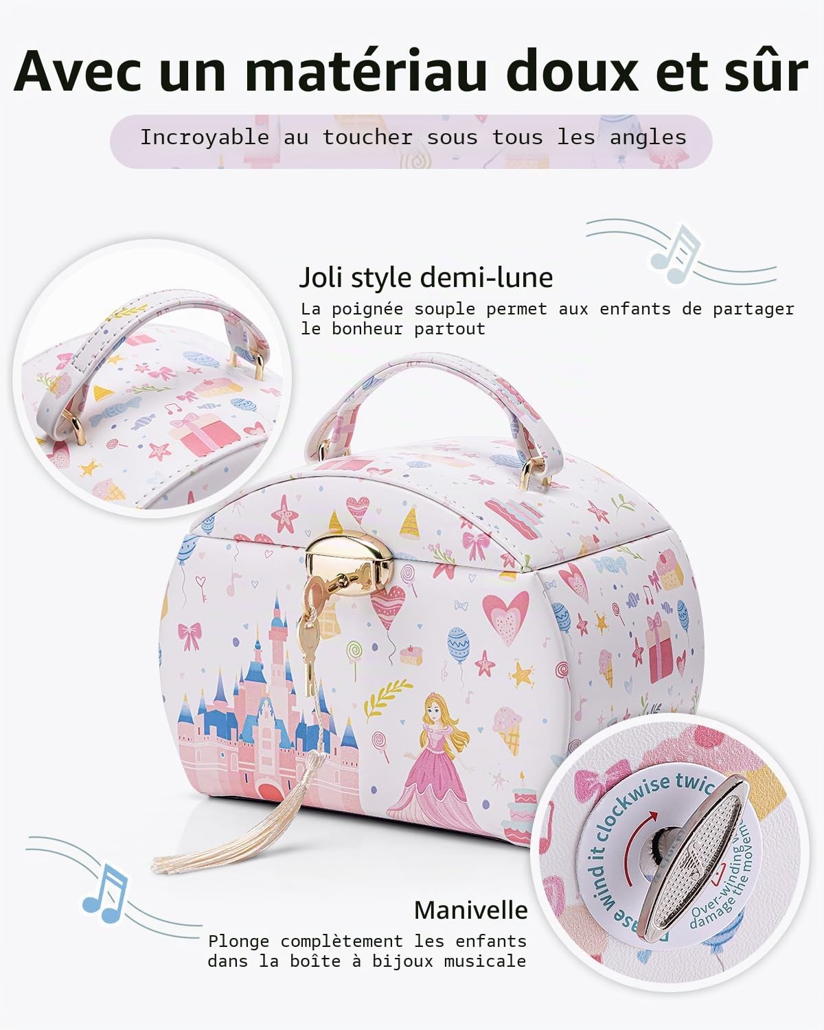 VLANDO Boîte à bijoux musicale pour fille avec tiroirs, cadeau d'anniversaire pour fille de 6, 7, 8 ans, boîte à bijoux pour enfants, ballerine, en cuir, avec mélodie canon et clés