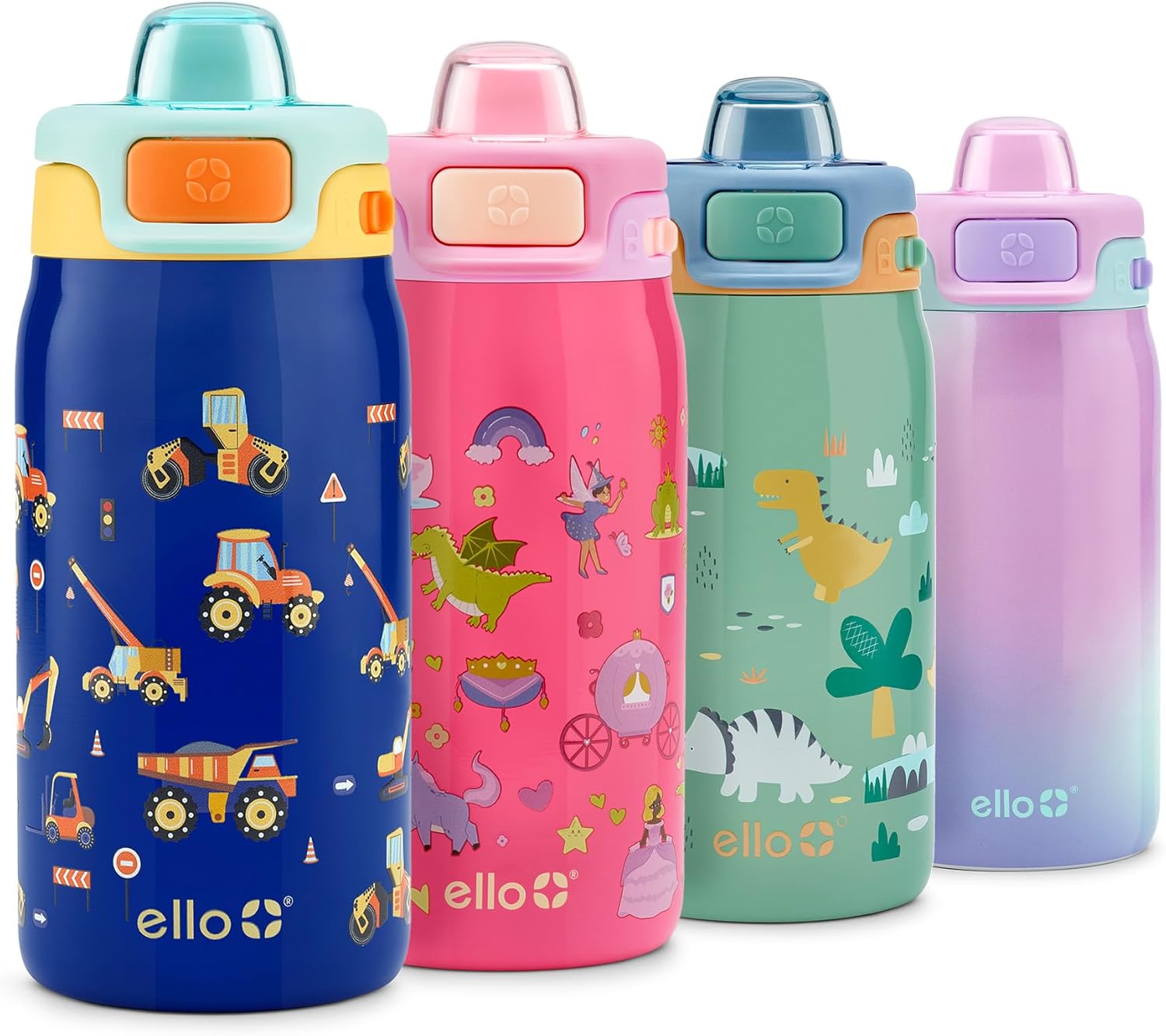 Ello Pop & Fill 12oz Stainless Steel Kids Water Bottle with Quick Fill Lid | Vacuum Insulated BPA Free Bottle with Leak Proof Straw and Chug Lid, Dishwasher Safe, Gift For Kids, Construction Site