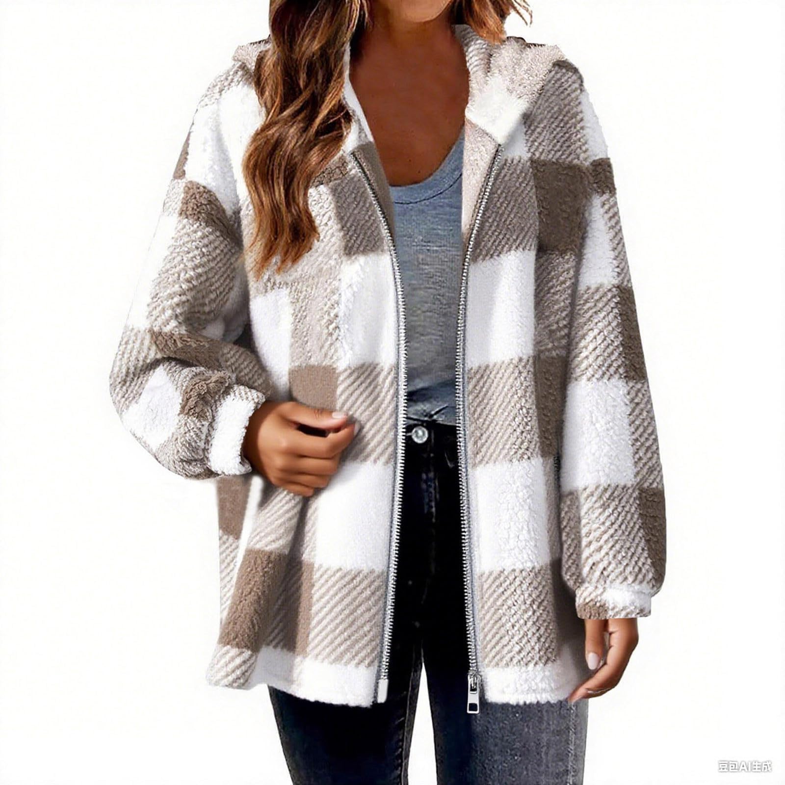 Generisch Fleecejacke Damen Mit Kapuze Teddyjacke Kariert Aufdruck Winterjacke Elegant Plüschjacke Winter Warm Plüschmantel Langarm Flauschjacke Kuschelig Damenjacken Winddicht Wintermantel Casual