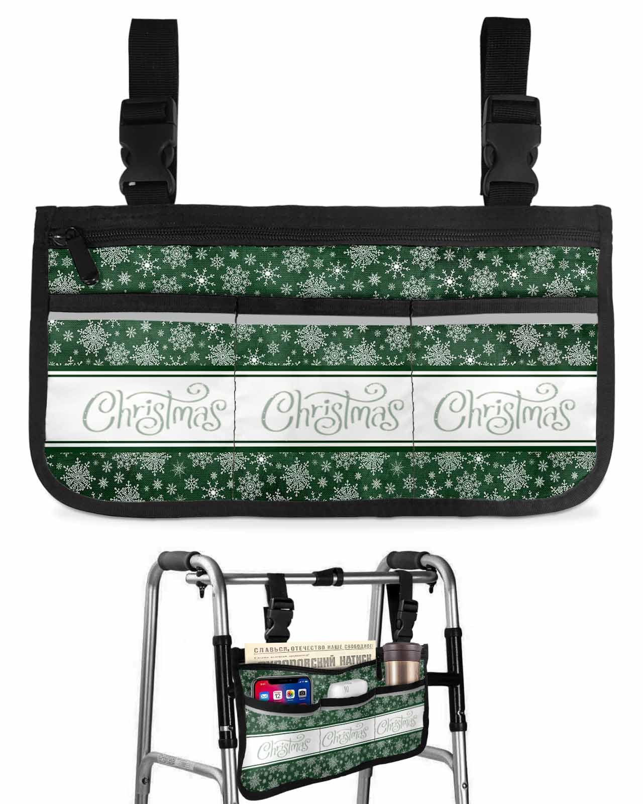 Anzona Green Merry Christmas Wheelchair Side Bag Walker Bag, Winter Farmhouse Snowflakes Wheelchair Accessories Armrest Pouch, Organizer Storage Bag for Walkers, Rollators, Scooters, 7.3''x13''