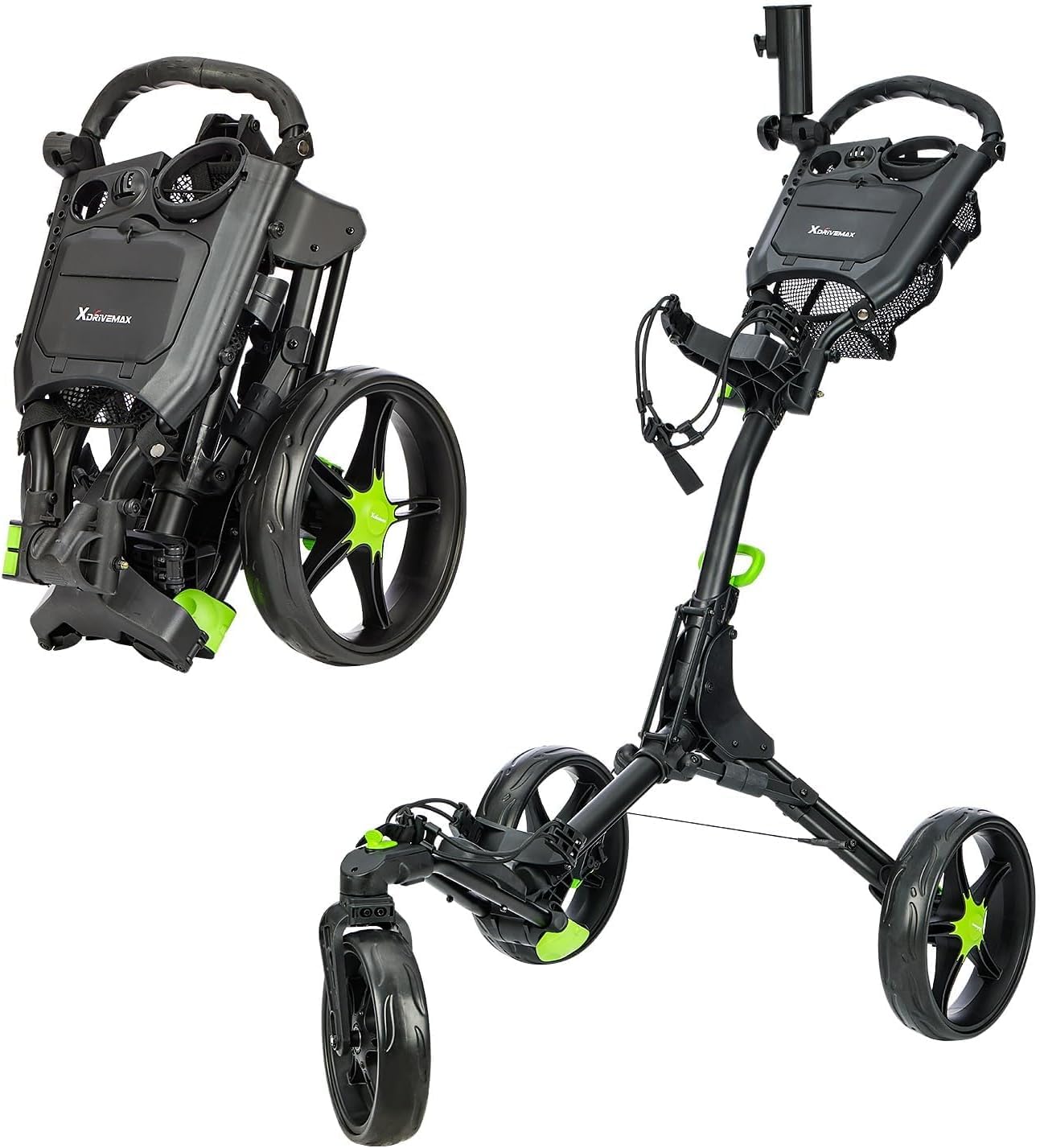 XDriveMax GC03 - Carrito de Golf Plegable con 3 Ruedas giratorias de 360 Grados, para Palos de Golf, Soporte para Paraguas y Almacenamiento Premium