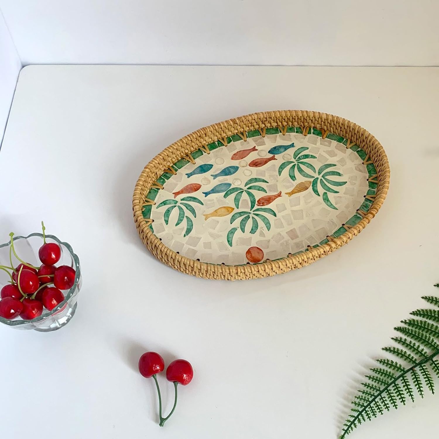 Set of 3 Rattan Serving Tray Handwoven Colorful Shell Oval Tray Desktop Decorative Basket Trays Snack Fruit Storage Tray for Dining, Coffee, Home Decor(Underwater World)