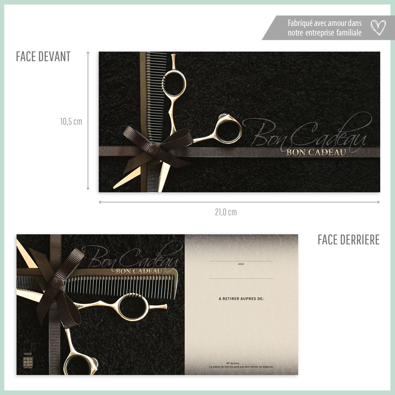 POS BON. 100 formulaires pour créer vos propres bons cadeaux + enveloppe + nœuds ruban, pour des salons de coiffure. K9292F-2-100-V2