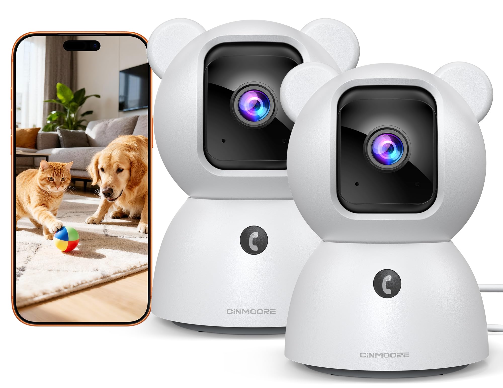 Cámara para mascotas de 2.5 K, 2 piezas, cámara de seguridad de seguimiento de movimiento panorámico para interiores con zoom 4X, detección de humanos y mascotas/llanto, cámara de 4 MP para