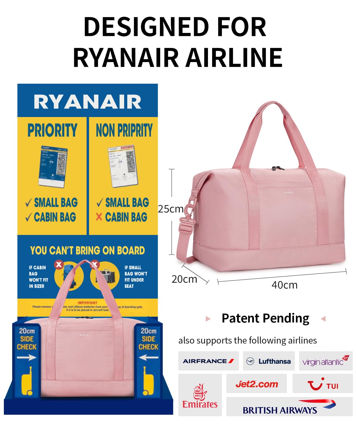 ECOHUB Bagaglio a Mano 40x20x25 Ryanair, 20L Borsone da Viaggio Donna con Borsa Impermeabile Rimovibile, Borsa da Viaggio Pieghevole, Borsa da Cabina per Viaggio e Sportiva, Borsone Palestra, Rosa