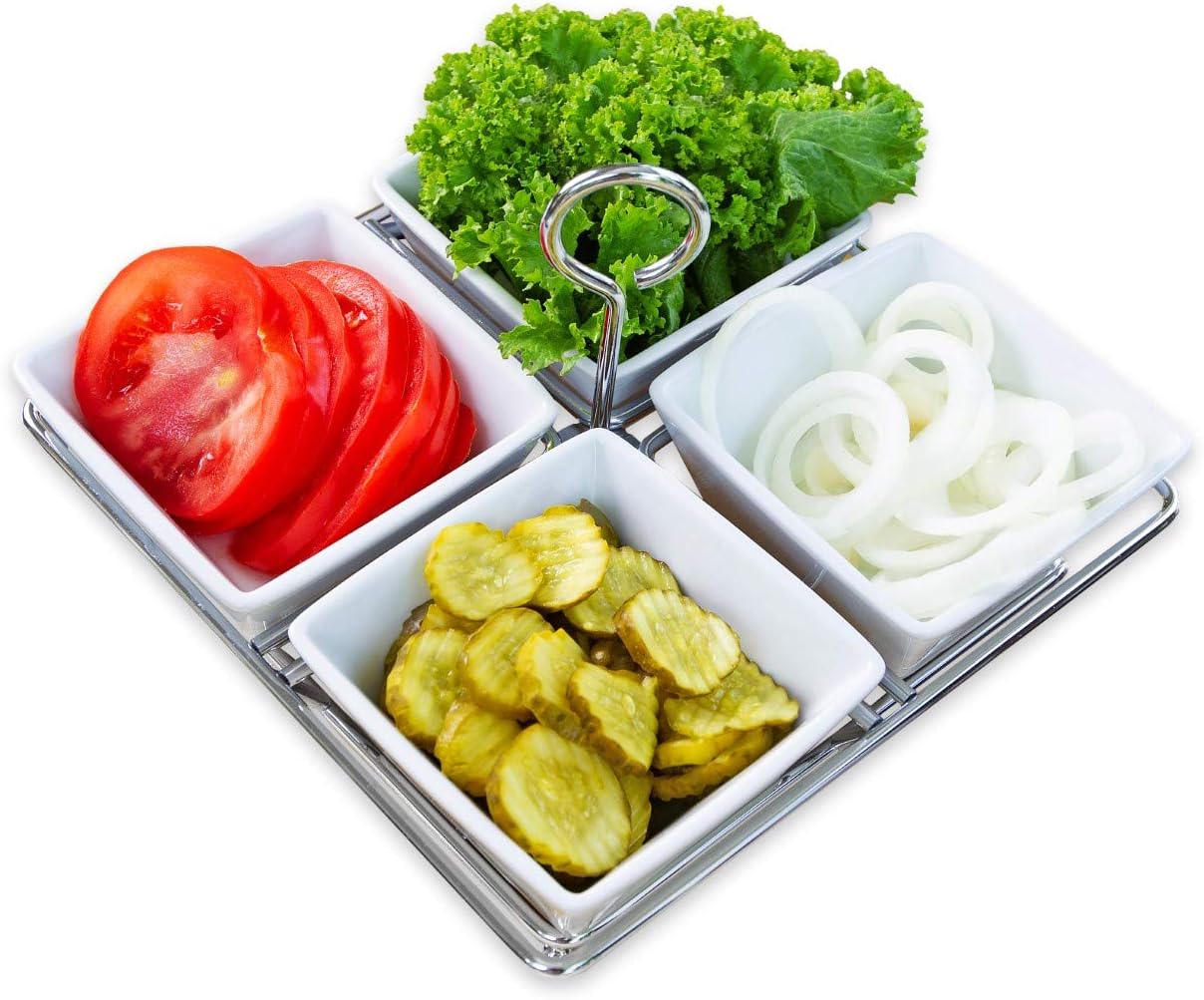 Bison Home Goods 4 Serving Bowls w/Chrome Display Stand Caddy (5 pc. Set) White Porcelain Condiment Buffet Dishes | Snacks, Nuts, Appetizers, Dips, Candy, Ice Cream