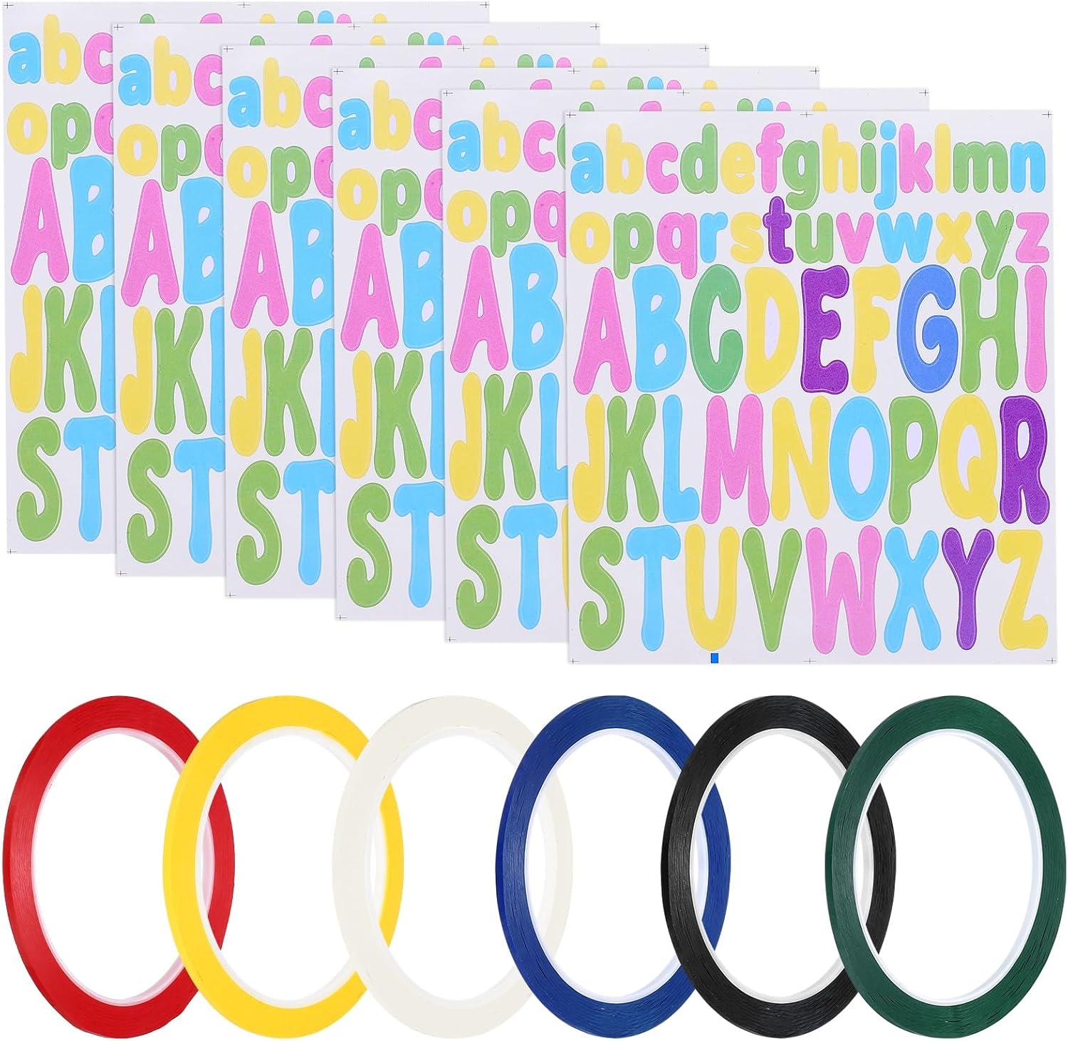 PATIKIL 312Pcs 2+1" Multicolor Letter Stickers with 6 Roll 1/8" 164ft Whiteboard Tape, Self Adhesive Waterproof Alphabet Stickers Pinstripe Tape for Mailbox Scrapbook, Style3, Multicolor