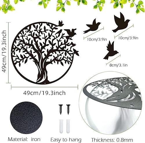 Miniatura 2 de 40cm Metal Tree of Life Wall Art - 3 Flying Birds Wall Sculpture - Indoor and Outdoor Home Bedroom Decorations, Modern Round Wall Decor,Black
