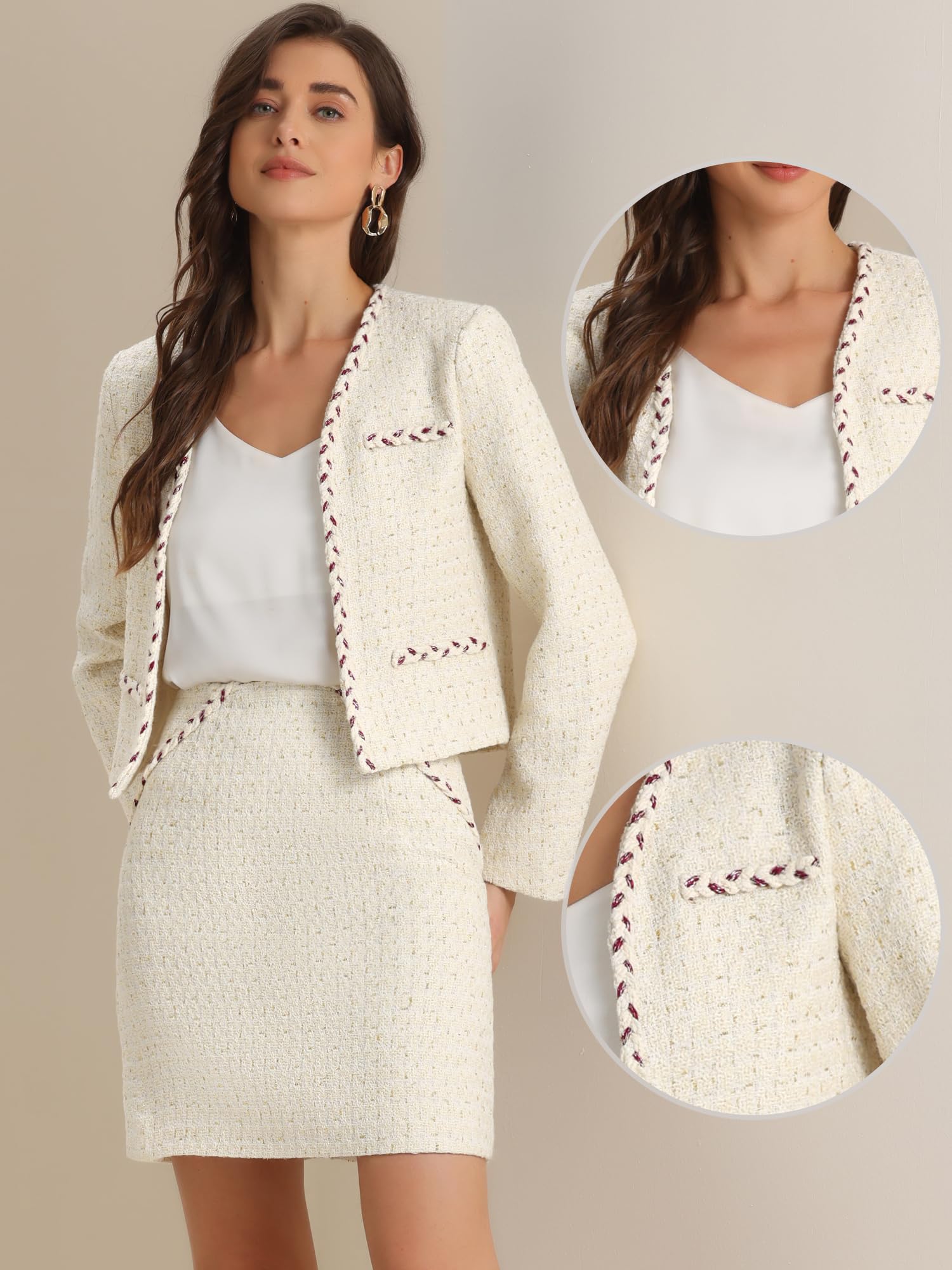 Allegra K Tenues en Tweed à Carreaux pour Femmes Ensemble Veste Blazer Courte et Jupe Ouverte sur Le Devant
