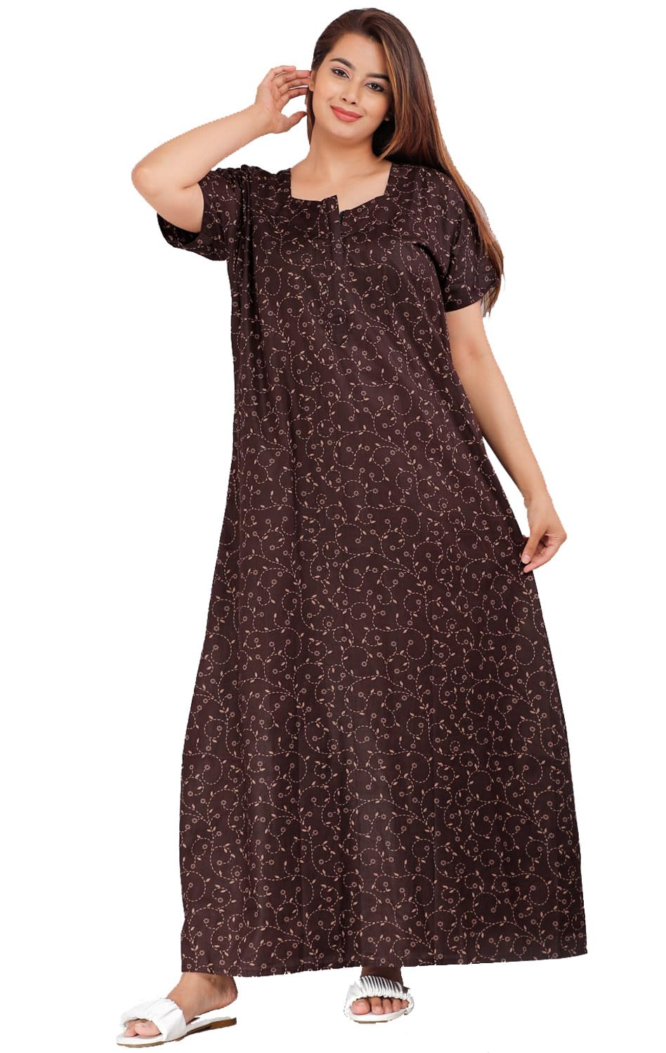 GenericAakarshana Pure Cotton Printed Ankle Length Zipper Nighty Gown Nightdress Maxi for Women