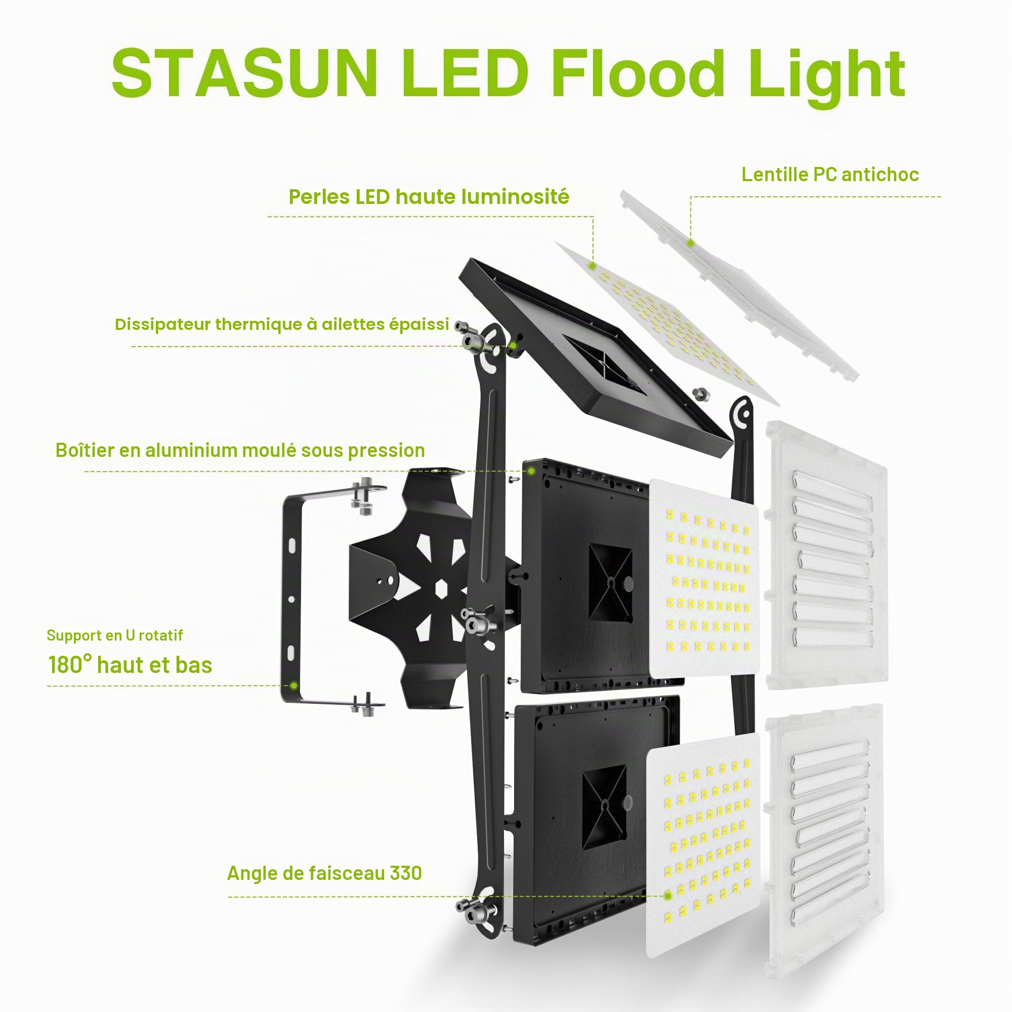 STASUN 600W Projecteur LED Extérieur, 54000lm Éclairage Extérieur, Lumière du Jour Blanche 5000K, IP66, Projecteur Extérieur Lampe de Sécurité Extérieur avec 3 Têtes Réglables pour Cour, Rue, Parking