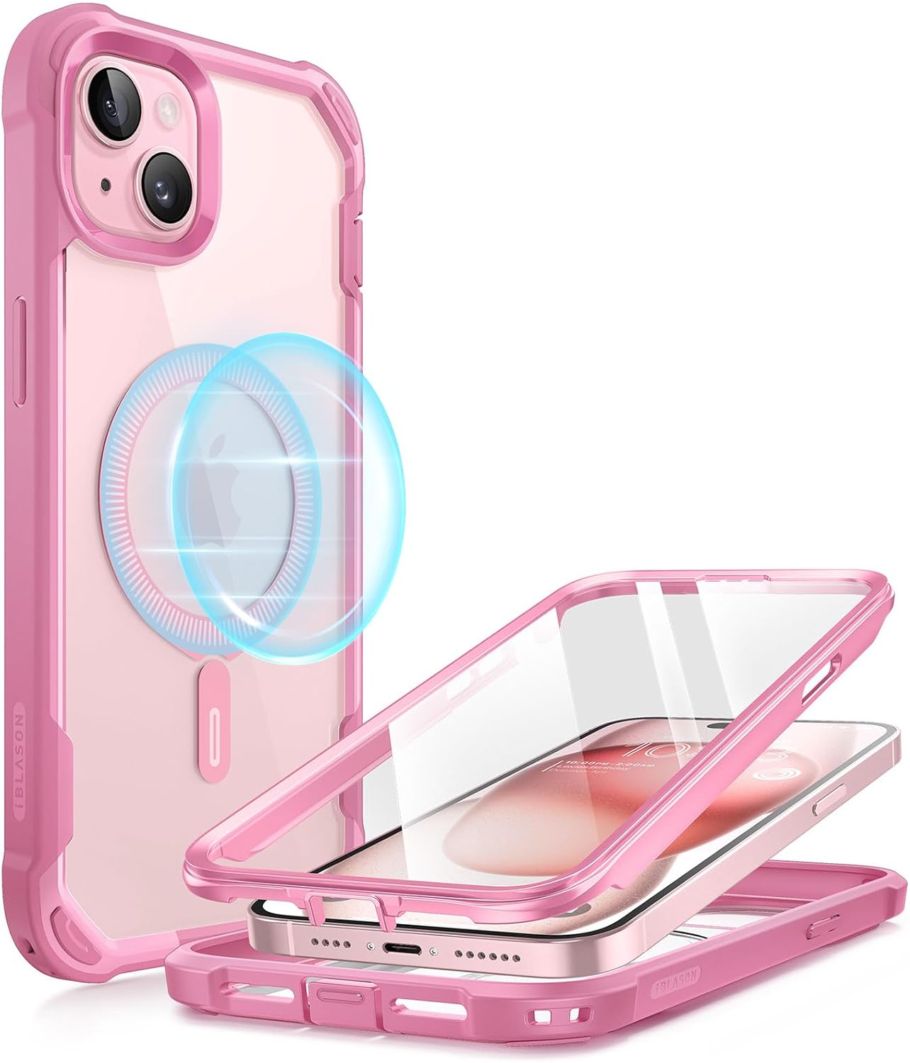 i-Blason AresMag for iPhone 15/14/13 [6.1 inch], MagSafe Compatible Full-Body Shockproof Clear Bumper Case with Built-in Screen Protector (Pink)