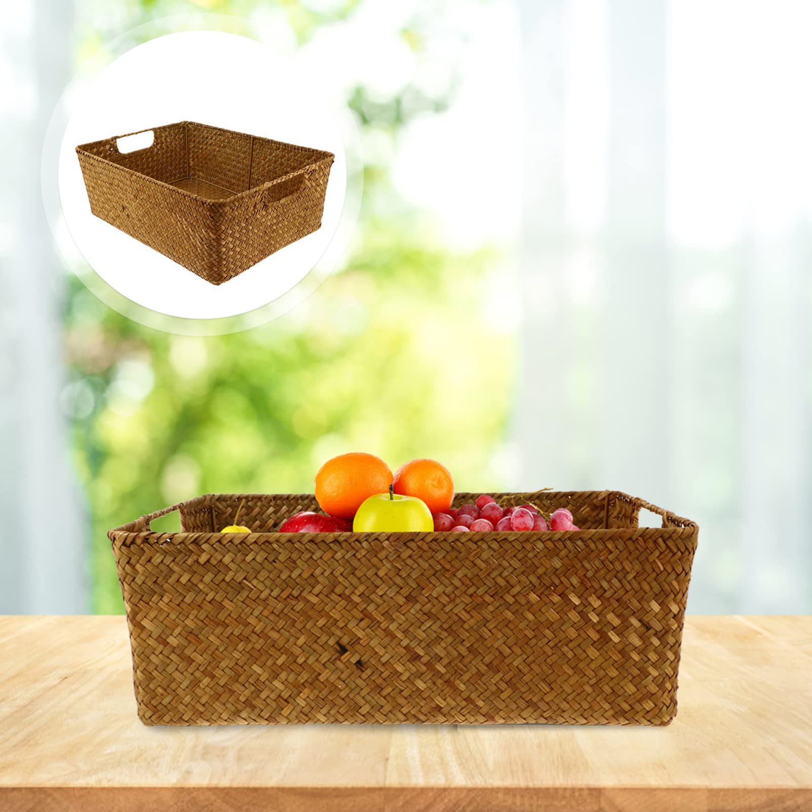 Angoily Cesta de Almacenamiento de Mimbre Grande con Asas Contenedor Organizador Rectangular de Cesta de Almacenamiento de Algas Tejida a Mano Retro Caja para Artículos
