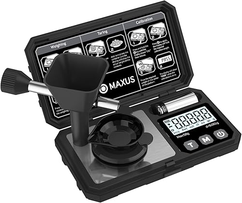 MAXUS Báscula digital de miligramo 1.76 oz0.00 oz con peso de calibración, báscula de recarga con accesorios para trucos de polvo