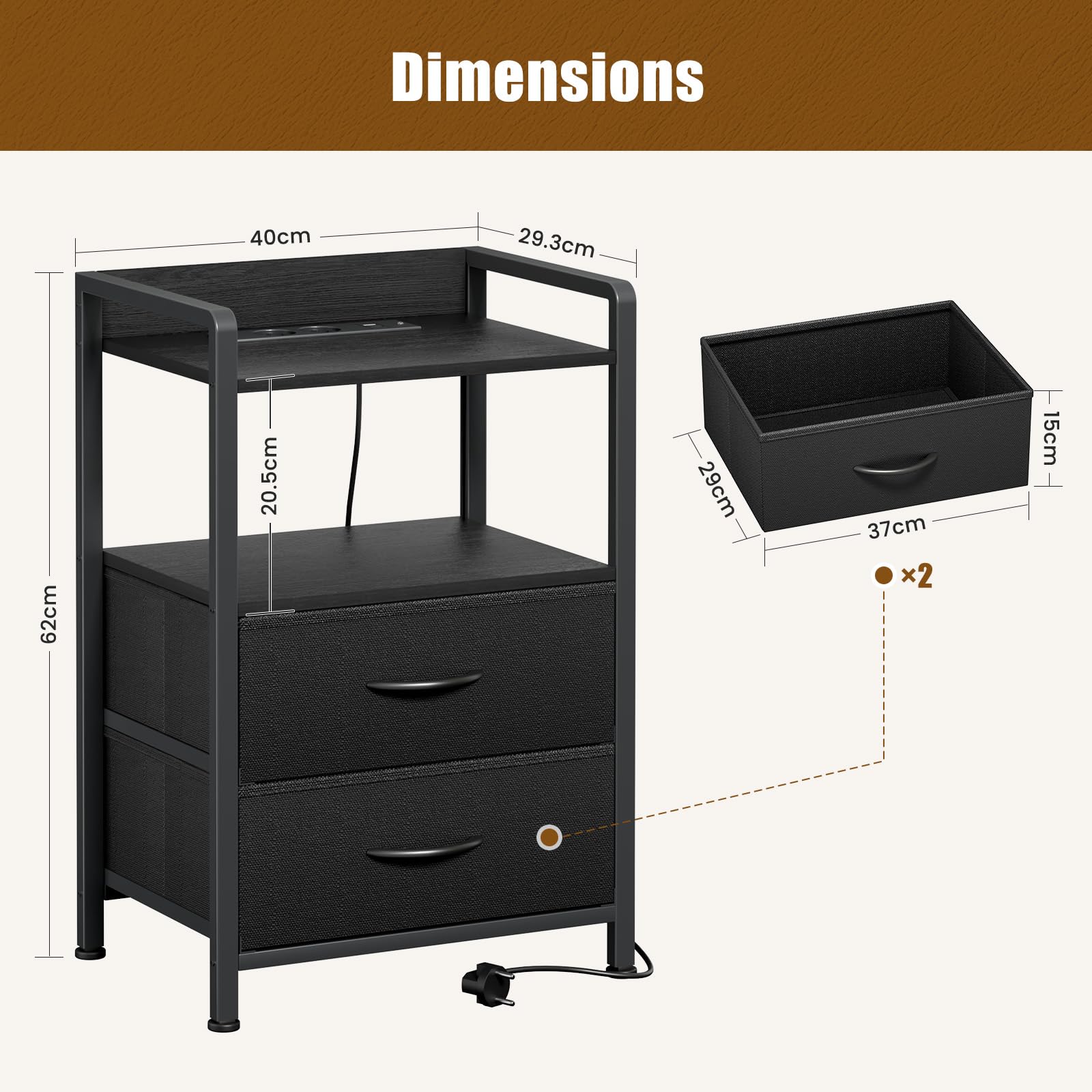 YOUDENOVA Table de Chevet Lot de 2, Couleur et Mode d'Éclairage LED Réglables, Table de Nuit avec Prise Intégrée, 2 Tiroirs et 2 Étagères Ouvertes pour Chambre à Coucher, Moderne, Noir