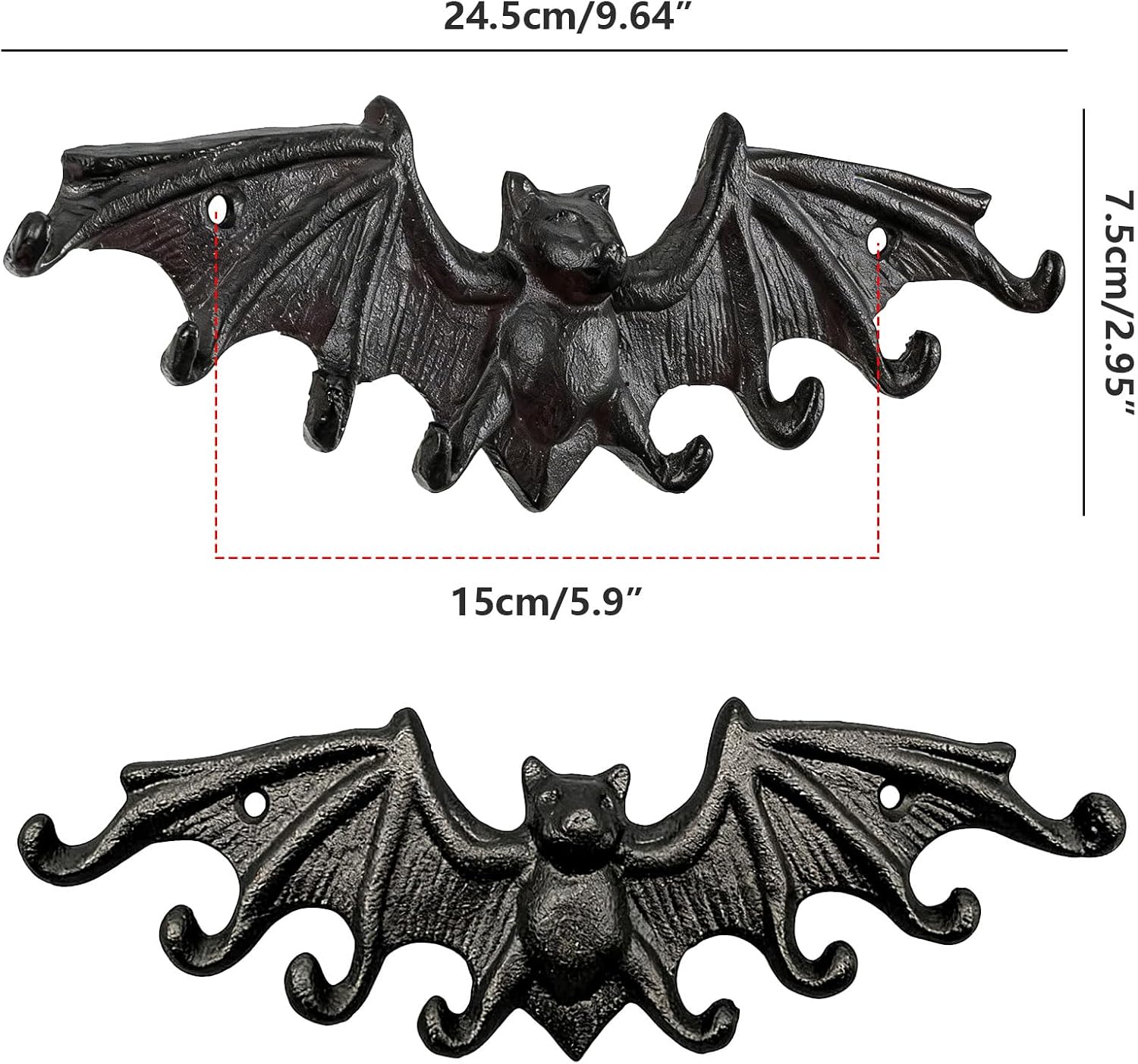 1 Set of Cast Iron Black Bat Wall Hooks, Retro Theme Wall Mounted Hanging Racks Heavy Duty Decorative Coat Hooks for Keys, Towels, Clothes, Scarf, Bag