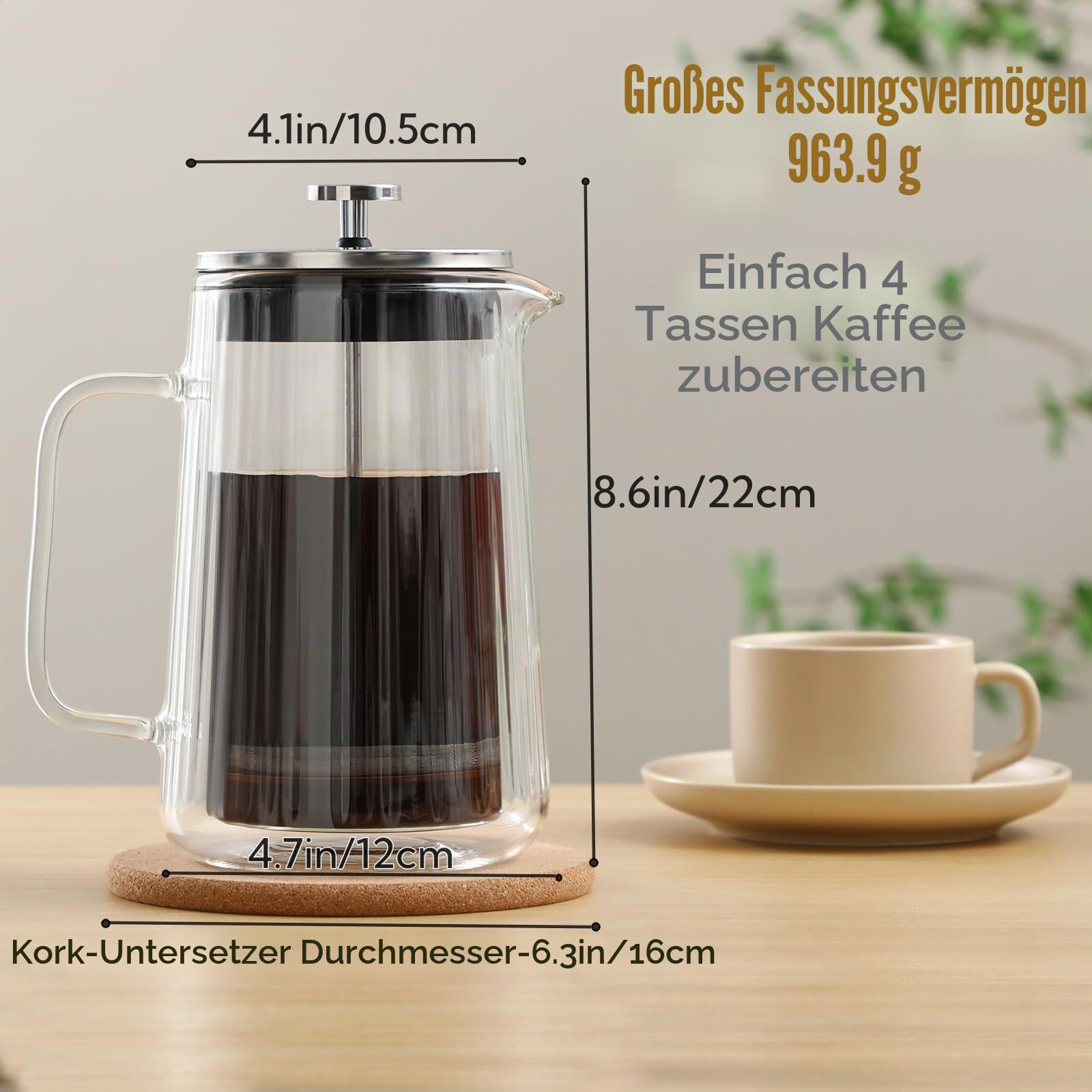 Kaffeemaschine Glas French Press 1 Liter, Doppelwandige Design, Hitzebeständig Kaffeepresse mit 4-stufiger Filtration für Kaffee auch für Tee-1000 ml