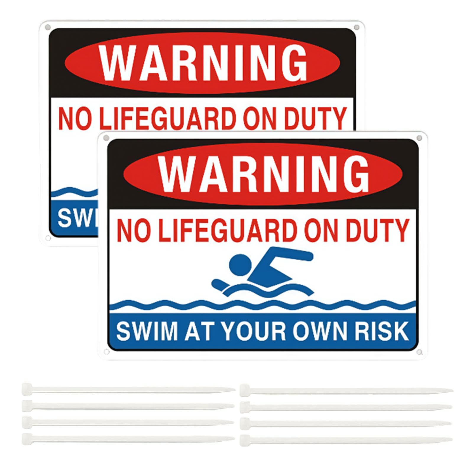 Panneau « No Lifeguard On Duty », 2 panneaux de piscine imprimés UV avec 8 attaches zippées, règle de piscine « Swim At Your Own Risk », aluminium durable, facile à installer