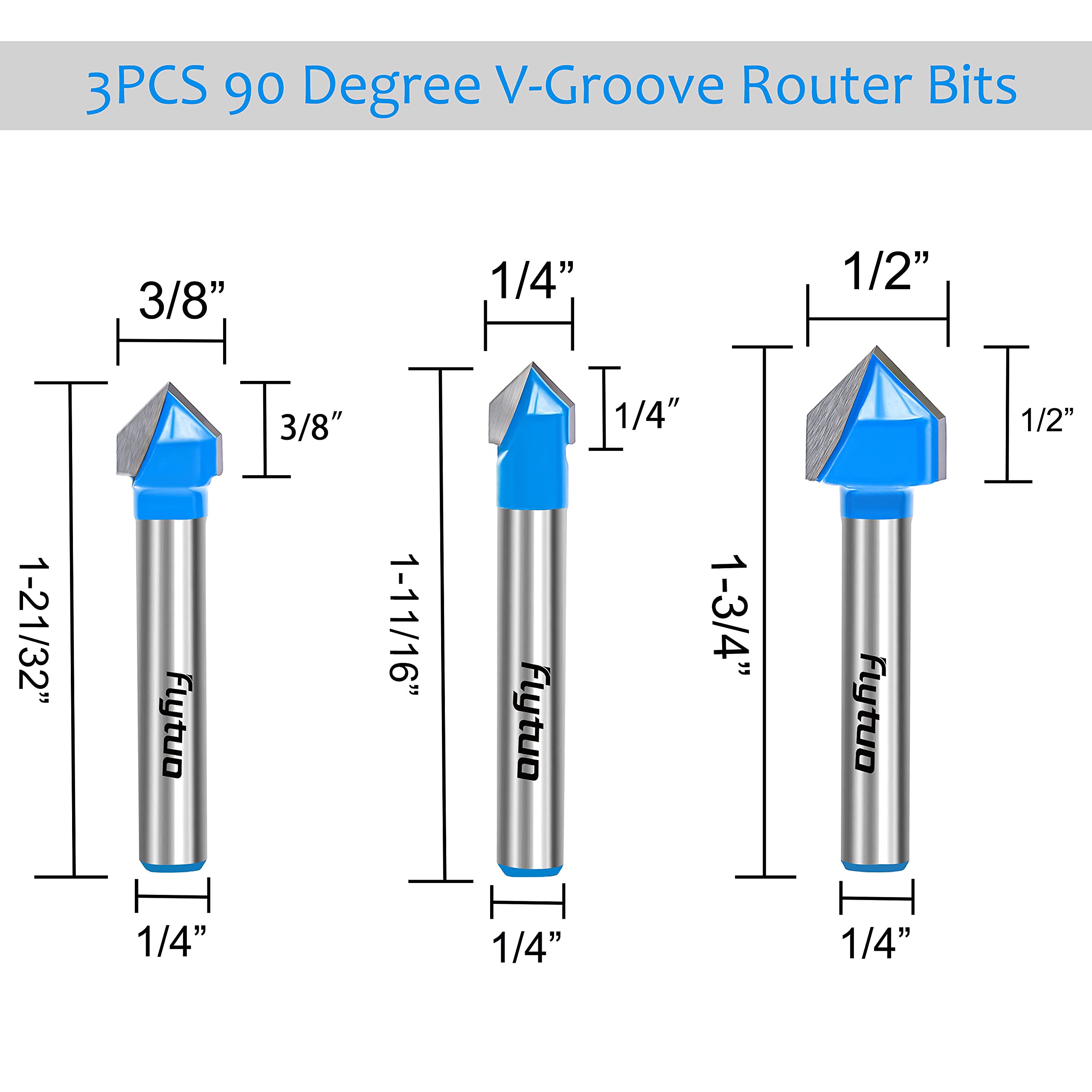 Flytuo 6Pcs 1/4" Shank Carbide 90 Degree V-Groove and Round Nose Groove Router Bit Set 3D CNC Signmaking Lettering Engraving Cutter Woodworking Carving Cutting Tool - Image 3
