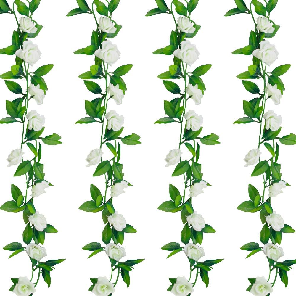 4 Pcs 28Ft Flower Garland White Fake Roses Vines Bedroom Aesthetic Spring Summer Hanging Artificiales para Decoracion for Room,Tea Party,Wedding Arch Decor…