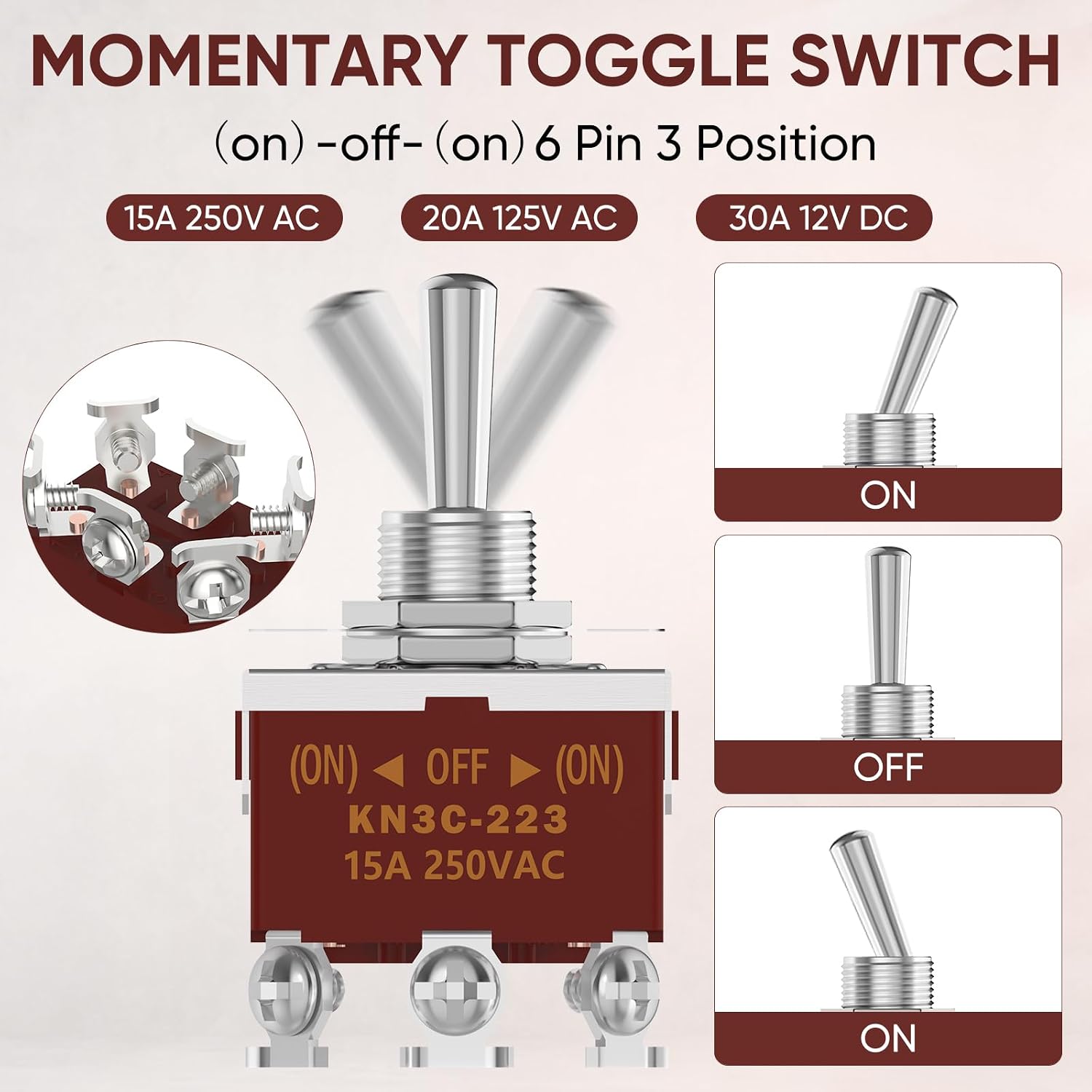 Momentary Toggle Switch, MecRecare 6 Pin DPDT (ON)-Off-(ON) 30A 12VDC/15A 250VAC 3 Way Heavy Duty Waterproof Toggle Switch with Boot Cap Cover for Auto Boat Marine (Pack of 5)