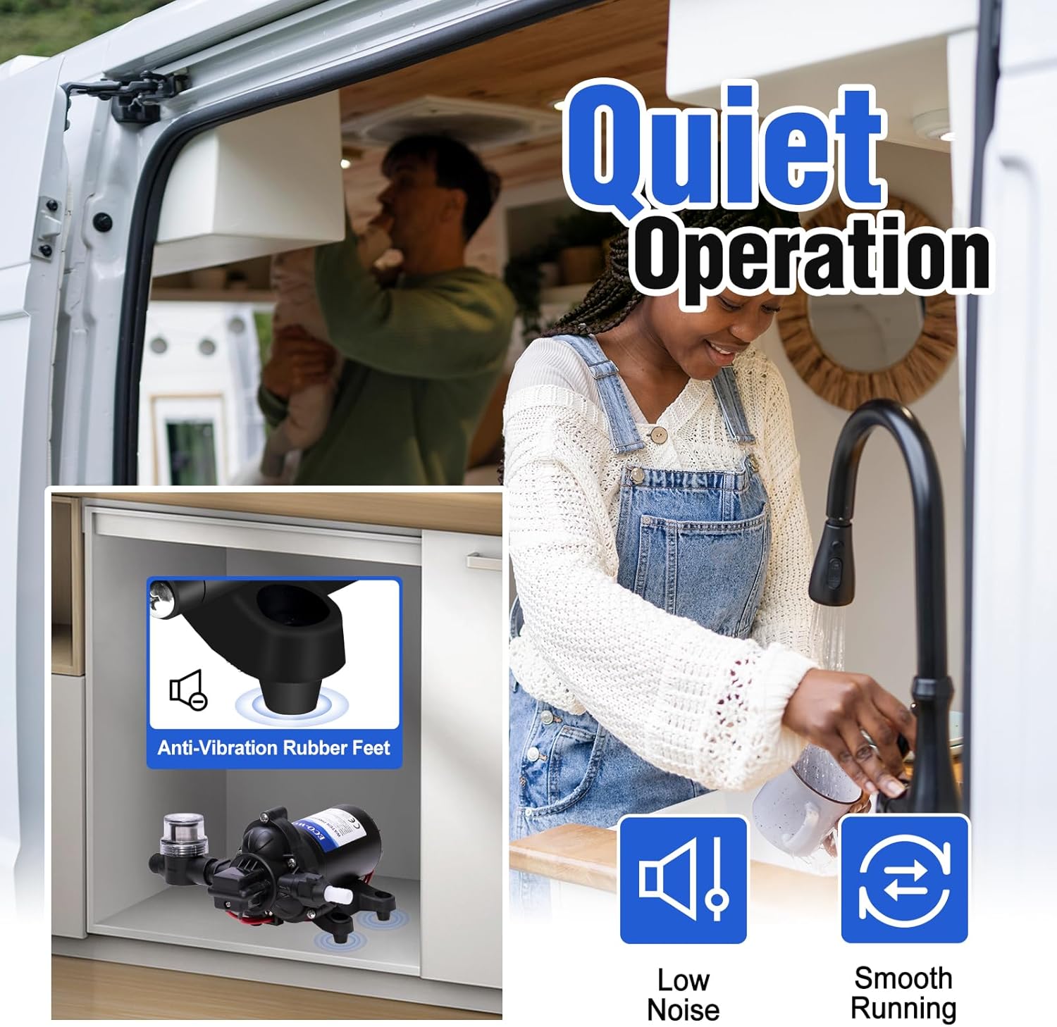 Illustration of the pump's quiet operation in an RV setting