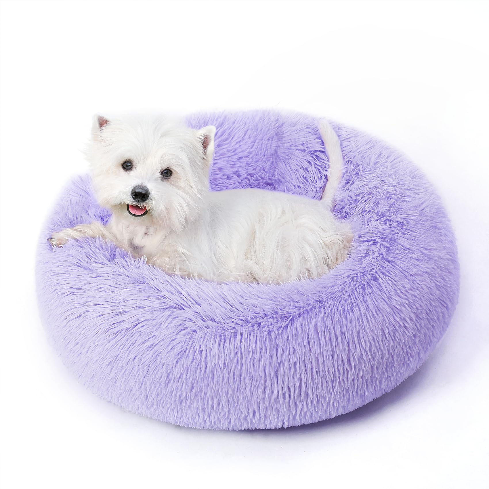 Calming Round Dog Bed & Cat Bed with Anti-Slip Bottom, Medium Size Washable Anti-Anxiety Donut Dog Beds for Small Dogs & Cats, Fluffy Plush Soft Dog Bed(24 Inch, Purple) — image 1