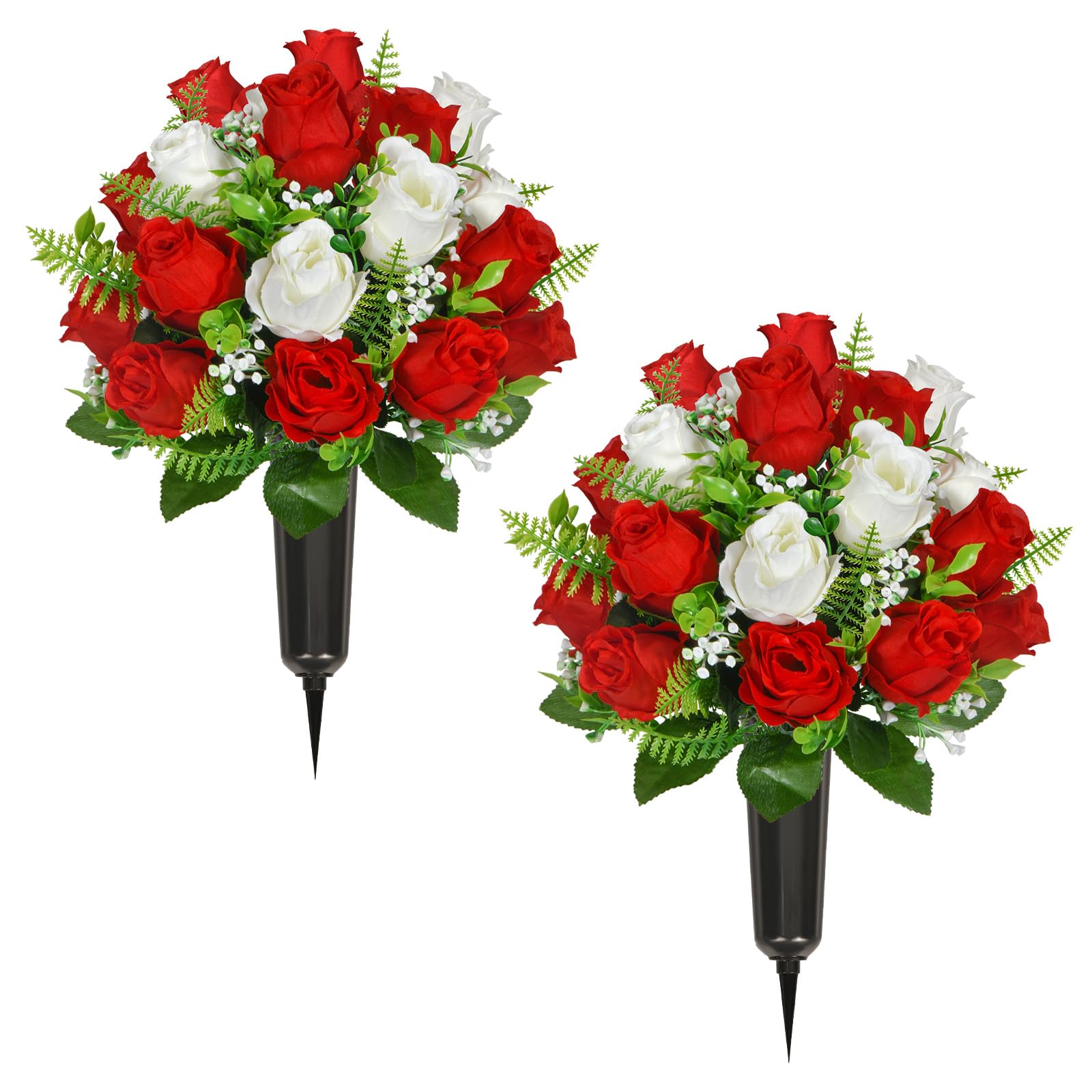 ZOCOYUU Set of 2 Artificial Cemetery Flowers, 43cm Fmake Plastic Bunch of 18 Heads,Memorial Bouquet Grave Memorial Silk Flowers with Vase for Long-Lasting Remembrance (18 Heads (Red+White))