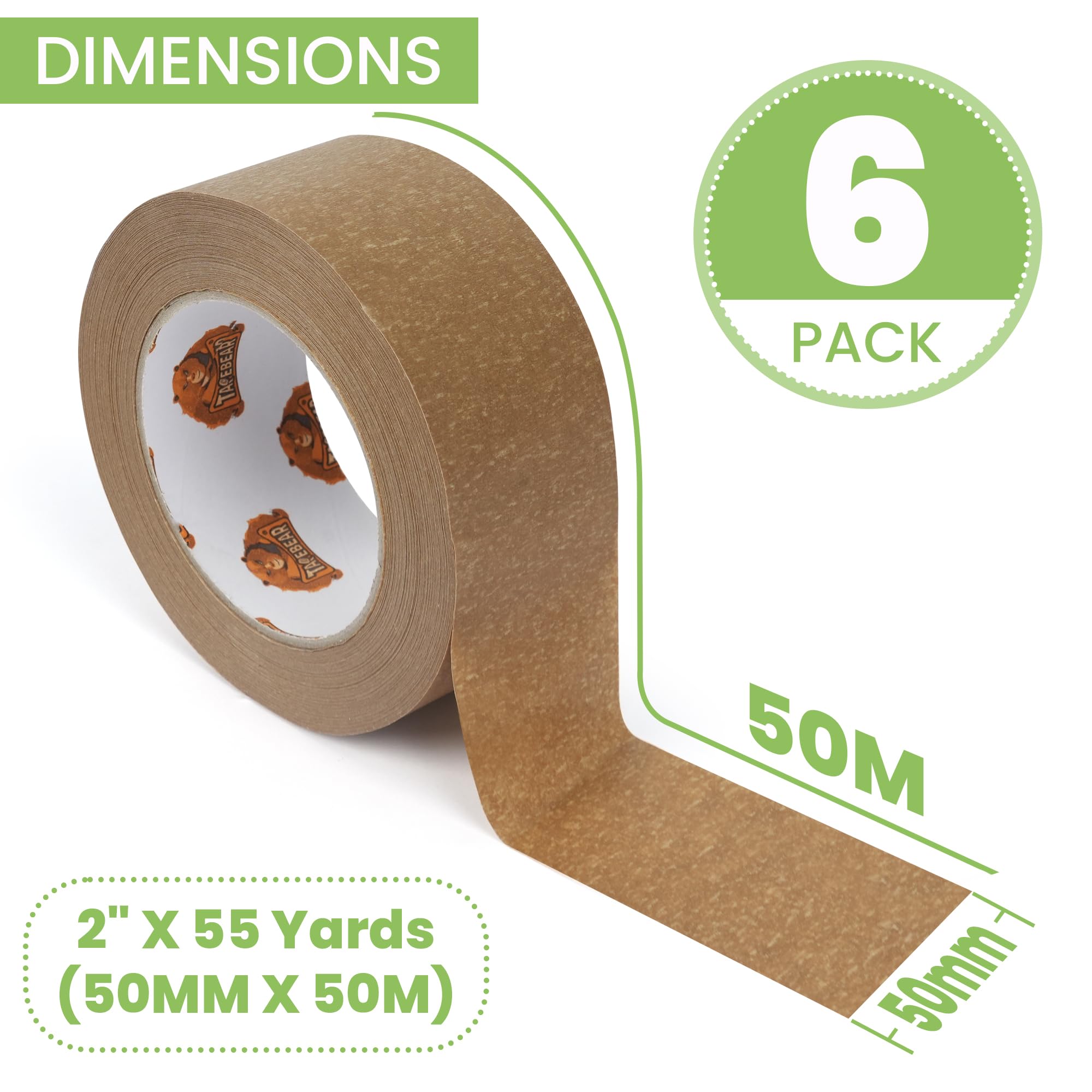 TAPEBEAR Ruban papier kraft biodégradable 5cm x 50m avec distributeur, recyclable et auto-adhésif, pour sceller cartons et emballages, 6 rouleaux