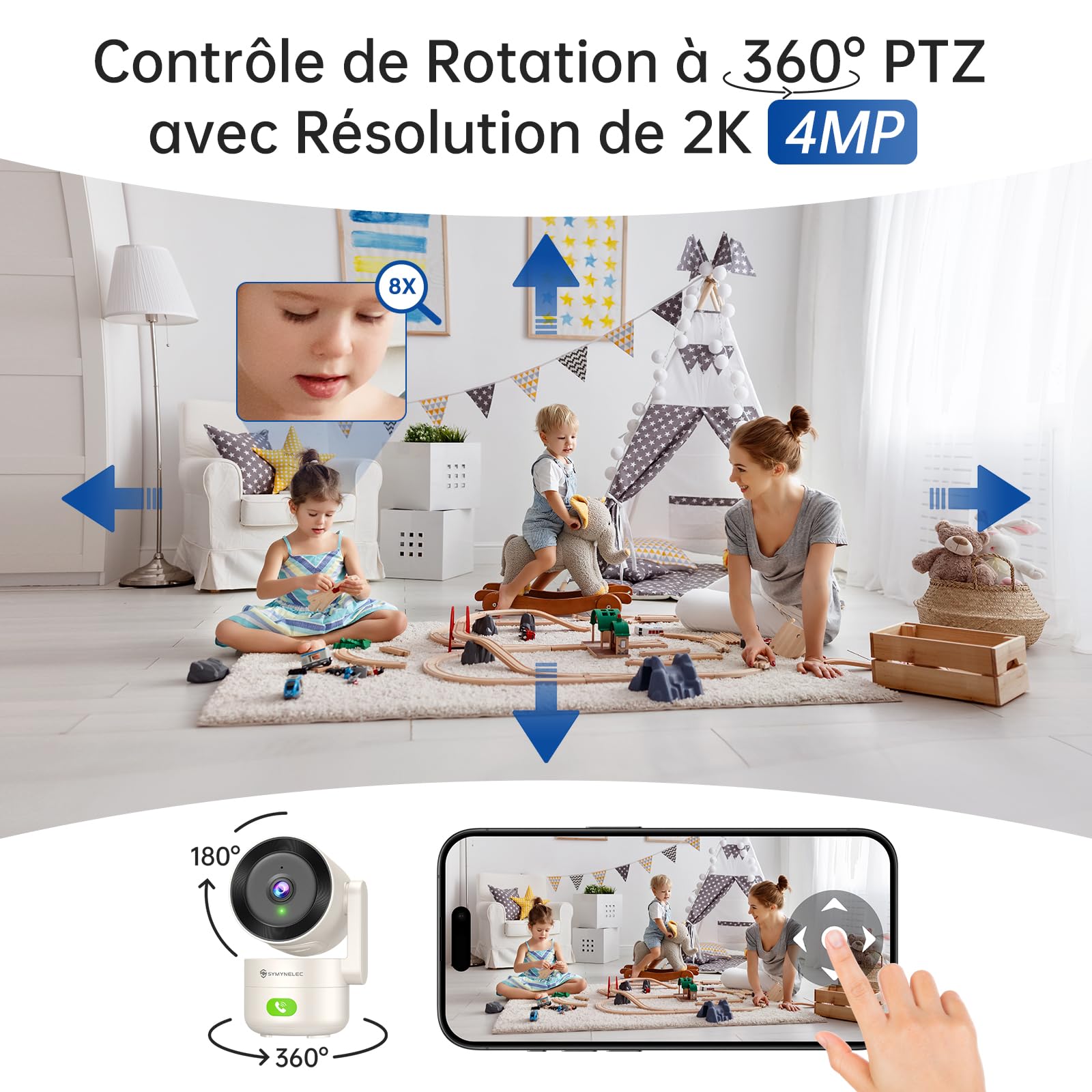 SYMYNELEC 2K Caméra de Surveillance Intérieure WiFi 5GHz/2,4GHz, 2 Pièces | Caméra 360°, Détection Humaine, Vision Nocturne, Appel en un Clic, Audio Bidirectionnel, Surveillance Bébé/Animaux, Alexa