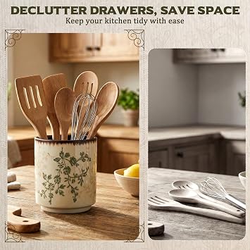 Rustic Ceramic Utensil Holder Brown Green Floral 5.5