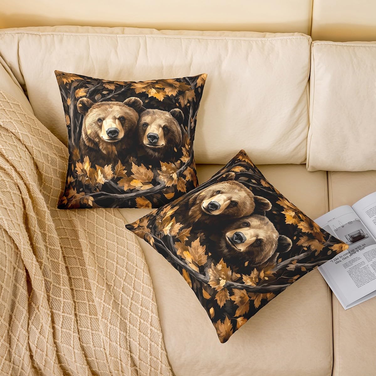 jejeloiu Bear Cushion Case 24 x 24-Inch Set of 2 Kids Nature Wildlife Leaves Throw Pillow Covers for Boys Girls Teens Orange Brown Decor Pillowcase