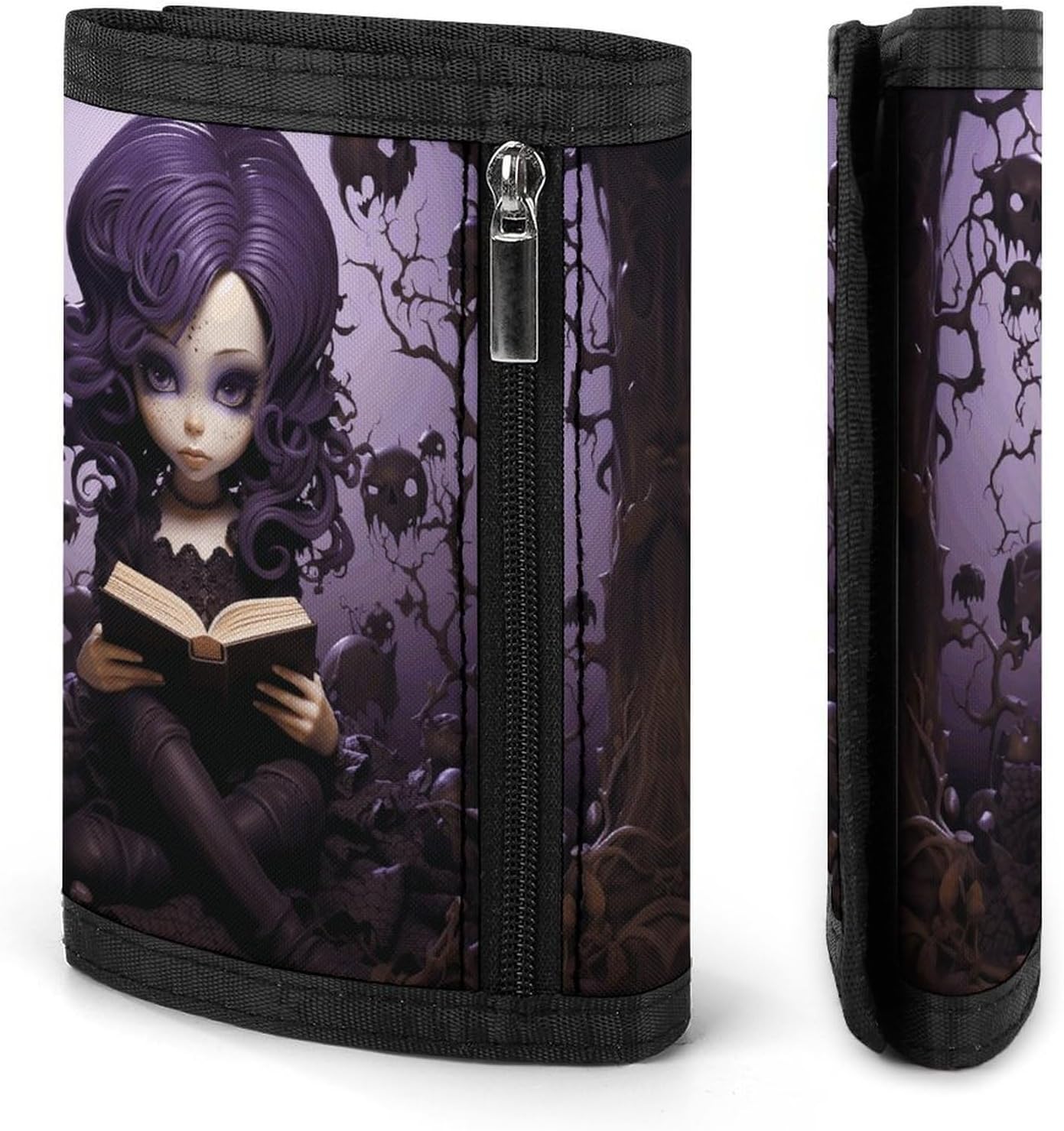 Purple Hair Girl Wallets Exquisite Trifold Wallet Front Pocket Wallet with Zipper Keychain Coin Purse Credit Card Holder for Adult