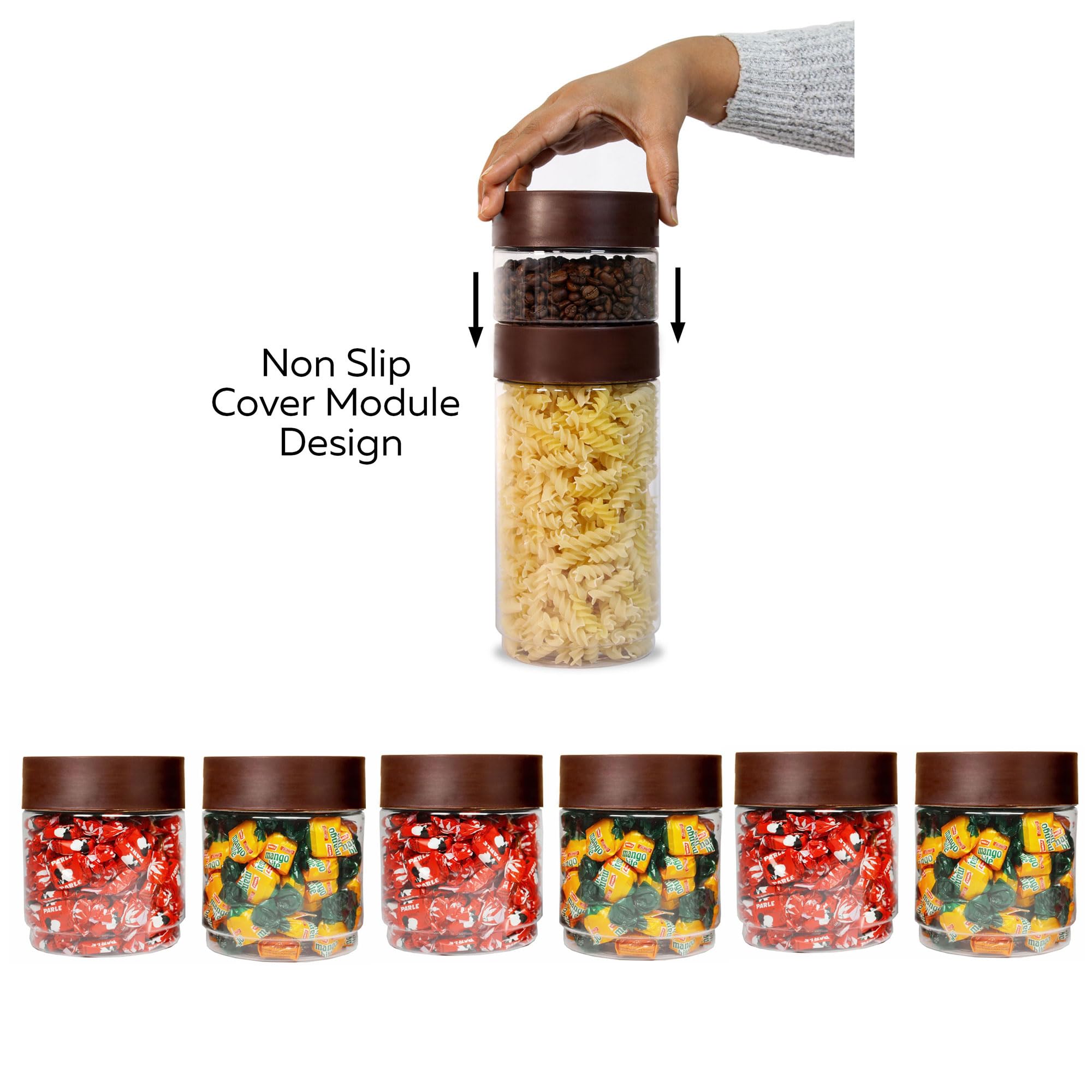 PEARLPET Modedge - Barattoli ermetici impilabili in plastica, per la cucina, con cucchiaio, set da 6 pezzi, marrone, 800 ml