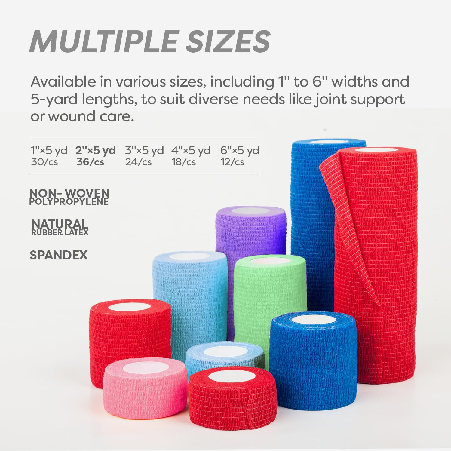 Dynarex Sensi-Wrap Self-Adhesive Bandages, 36-Pack, 2" x 5 Yards, Assorted Colors, Latex, Colored Elastic Cohesive Athletic Tape, Tattoo Grip & Vet Wrap