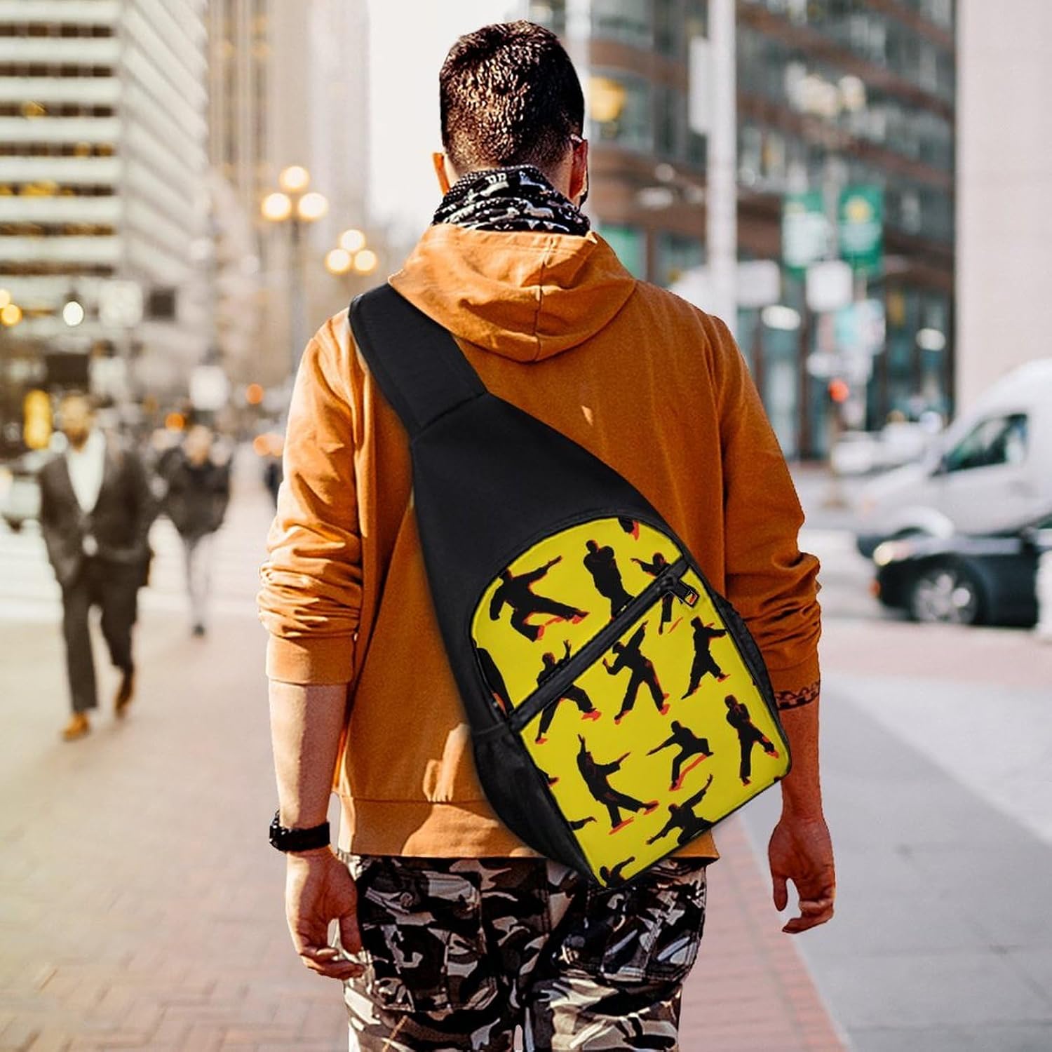 Martial Arts Silhouette Crossbody Sling Backpack Chest Bag Daypack | unisex,trendy,with convertible and detachable shoulder strap,side pockets