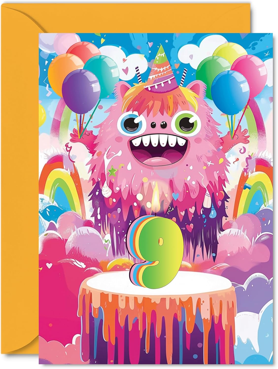 Giftzie 9th Birthday Card Boys Girls - Little Monster Party - Happy Birthday Card for 9 Year Old Boy Girl Kids, 5x7 Inch Nine Ninth Bday Cake Greeting Cards