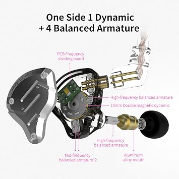 KZ ZS10 Pro 4BA+1DD in Ear Monitor Headphones 5 Driver HiFi Metal Earbuds Headphone Noise Cancelling IEM Earphone with 2 Pin Detachable Cable