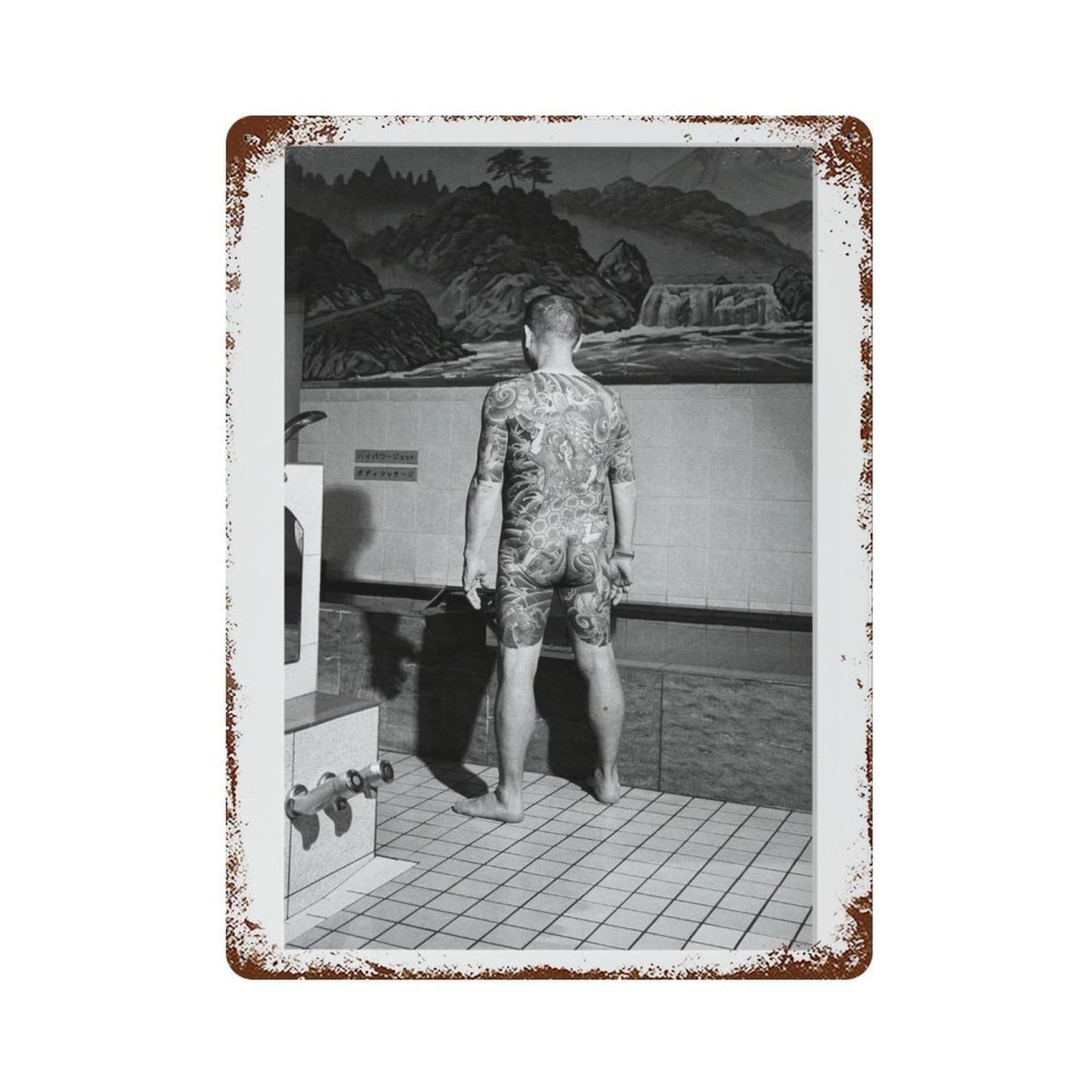 xiaoxiaoshen Yakuza Gangster at Japanese Bathhouse, Naked Tattooed Man Wall Decor Art Metal Tin Poster Modern Home Decor Art Home Bar Shop Decorations Vintage Sign 40x30cm