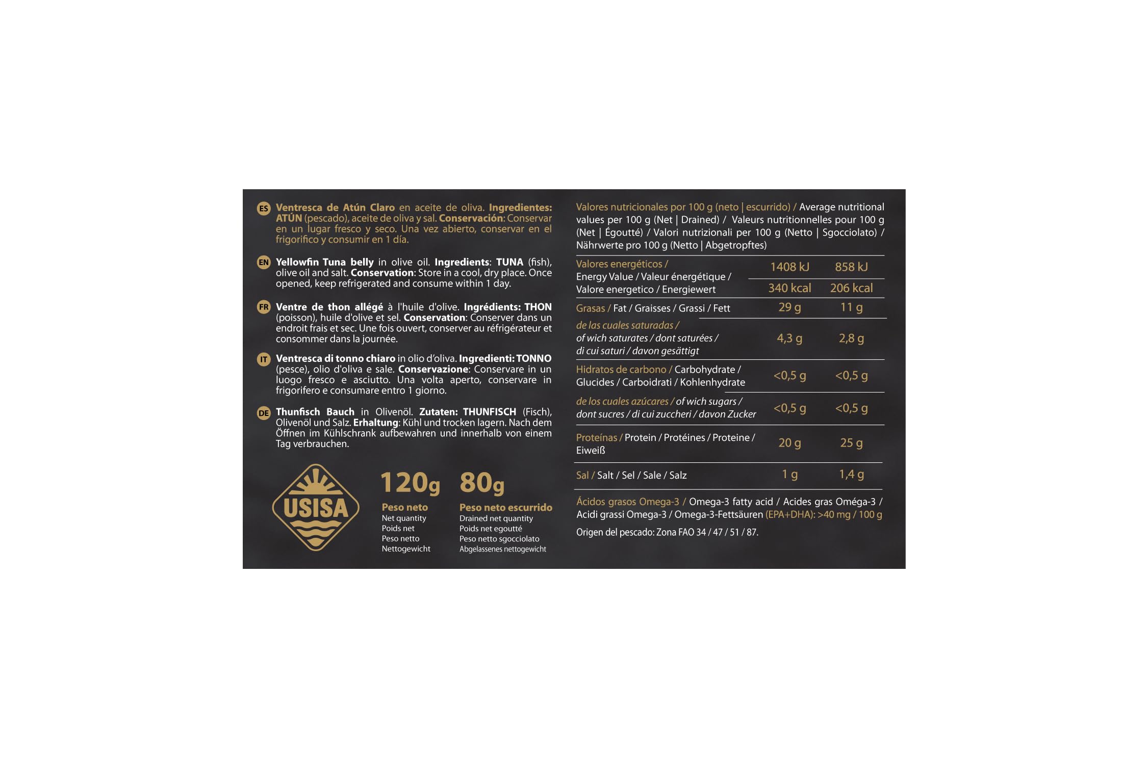 USISA Ventresca de Atún Claro en Aceite de Oliva 5 Latas 120g