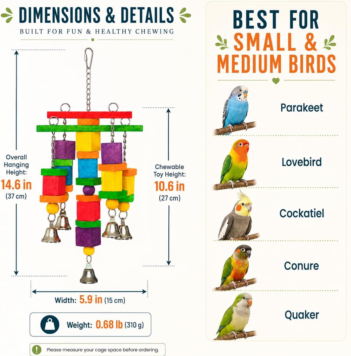 Bird Toys for Small to Medium Parrot, Natural Wooden Blocks with Bells, Stainless Steel Chain & Screw-Lock, Safe Shredding Parrot Toy for Conures, Cockatiels, Quakers, Parakeet image 5