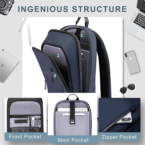 Miniatura 3 de hk Mochila para hombres de negocios delgada mochila con cargador USB computadora ligera antirrobo viaje, Azul oscuro, Diario