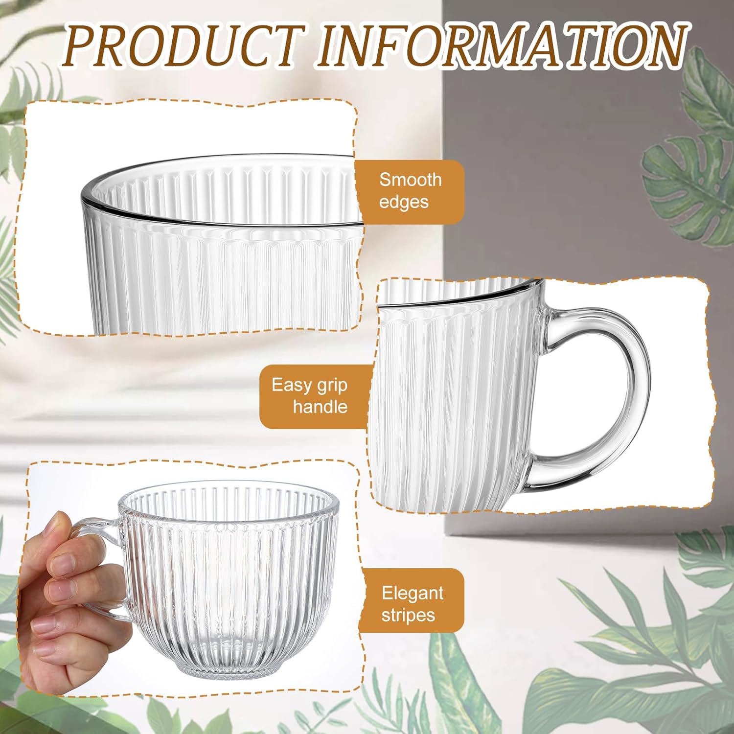 12 Pack Glass Coffee Mugs with Handles, 12 Ounces Glass Breakfast Mugs Bulk, Clear Tea Cups for Hot/cold Drinks, Glassware Set for Americano, Latte, Cappuccino(Ribbed) - Image 3