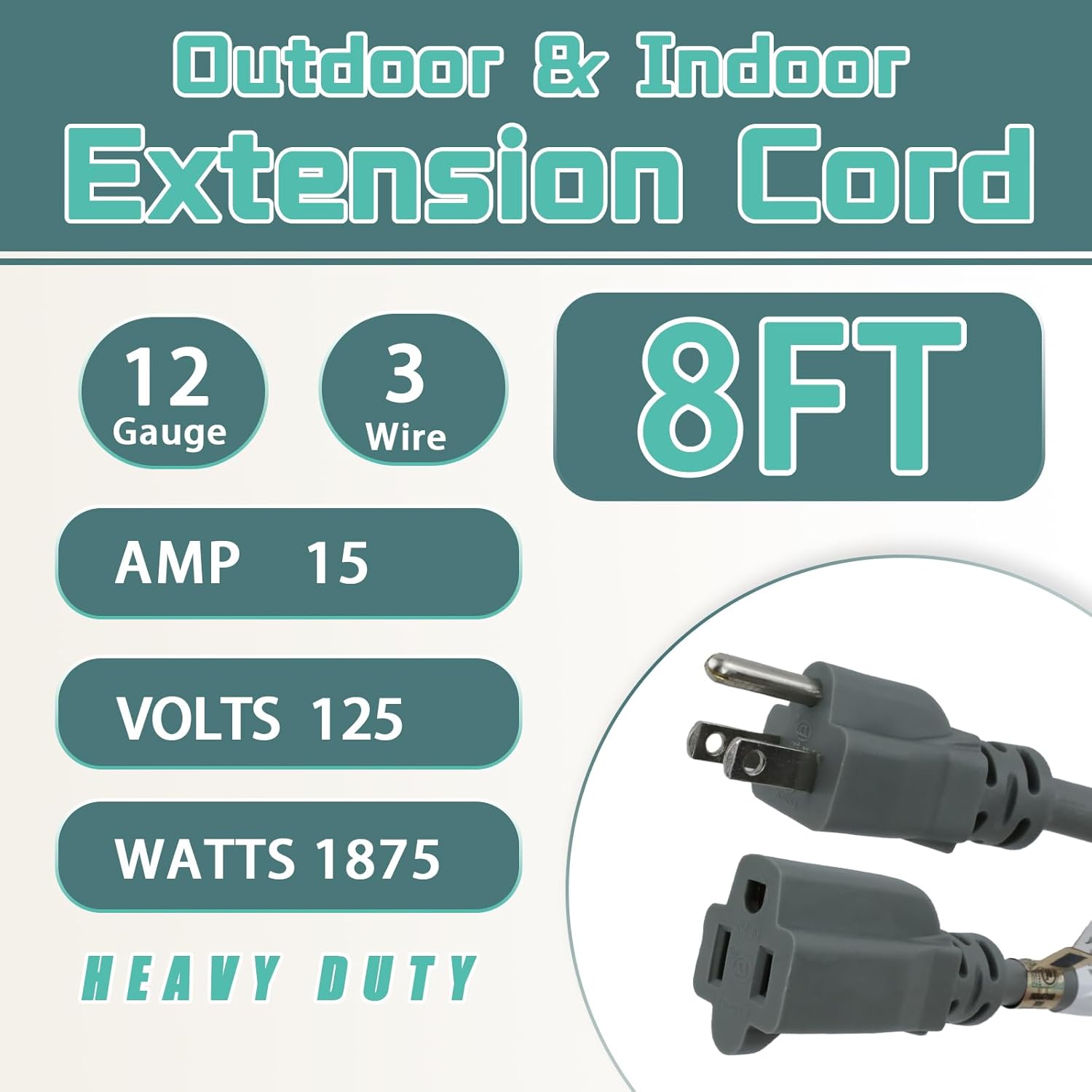 8 Ft Outdoor Extension Cord - 12/3 SJTW Heavy Duty Grey Extension Cable with 3 Prong Grounded Plug - Power Cord for Lawn, Garden, Appliances