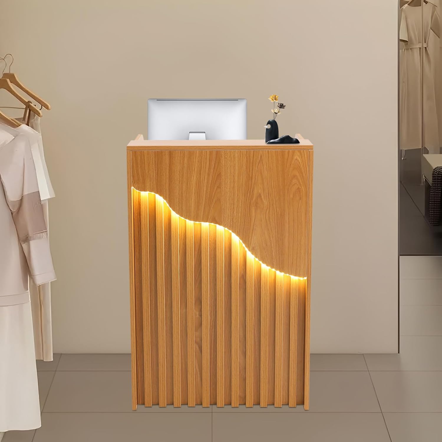 Small Reception Desk with Lockable Drawer, 37.8 x 23.6 x 15.7 Inch Modern Front Desk Counter with Grille Design, White Wooden Retail Checkout Table for Salon Clothing Store Office Hotel (Oak Color)